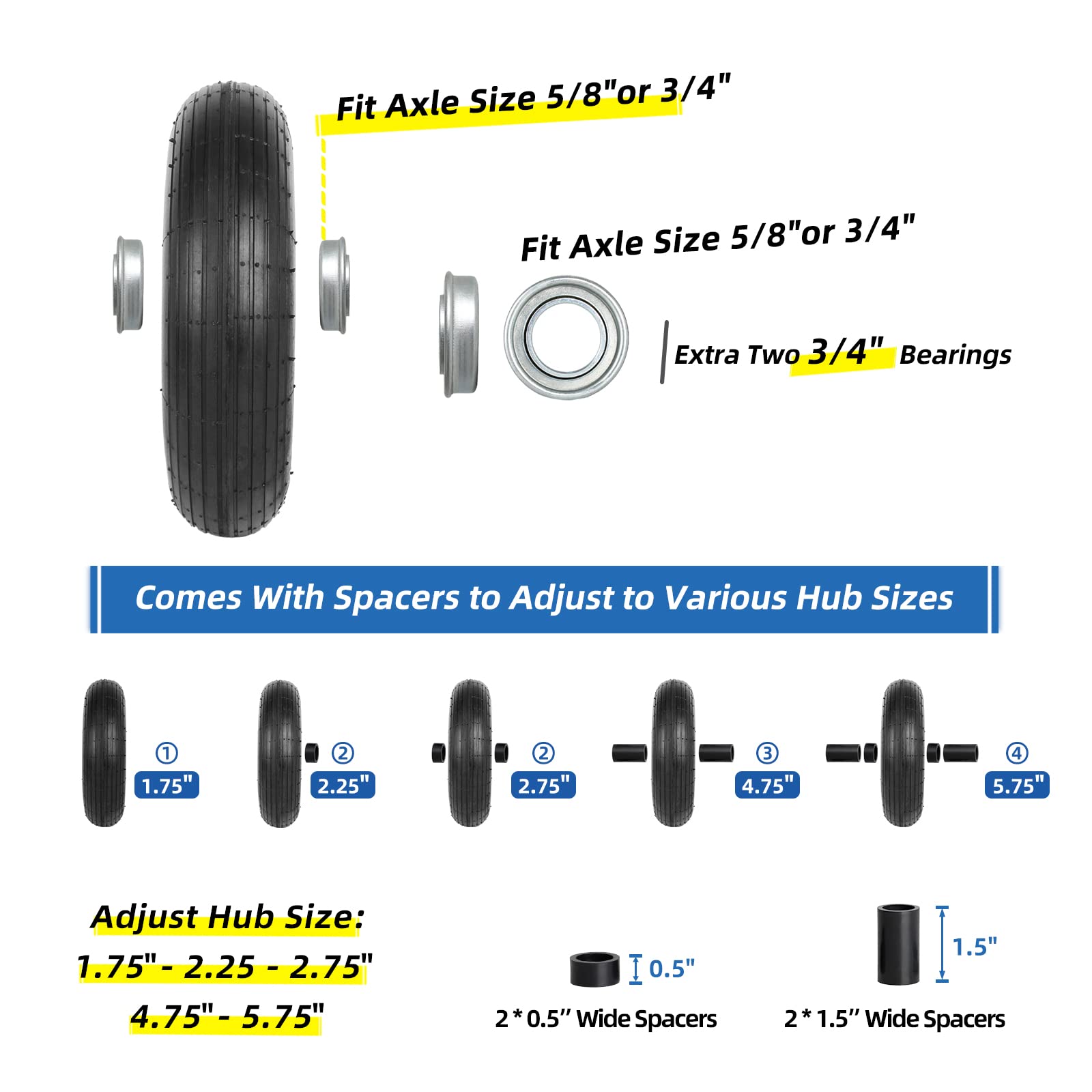 4.00-6 Tire and Wheel, 13" Wheelbarrow Pneumatic Tire, 5/8" & 3/4" Bearings, 1.75-6" Centered Hub,Sealed Bearings for Wheelbarrows Trolley Dolly Garden Wagon Cart Wheel Replacement 1 Pack