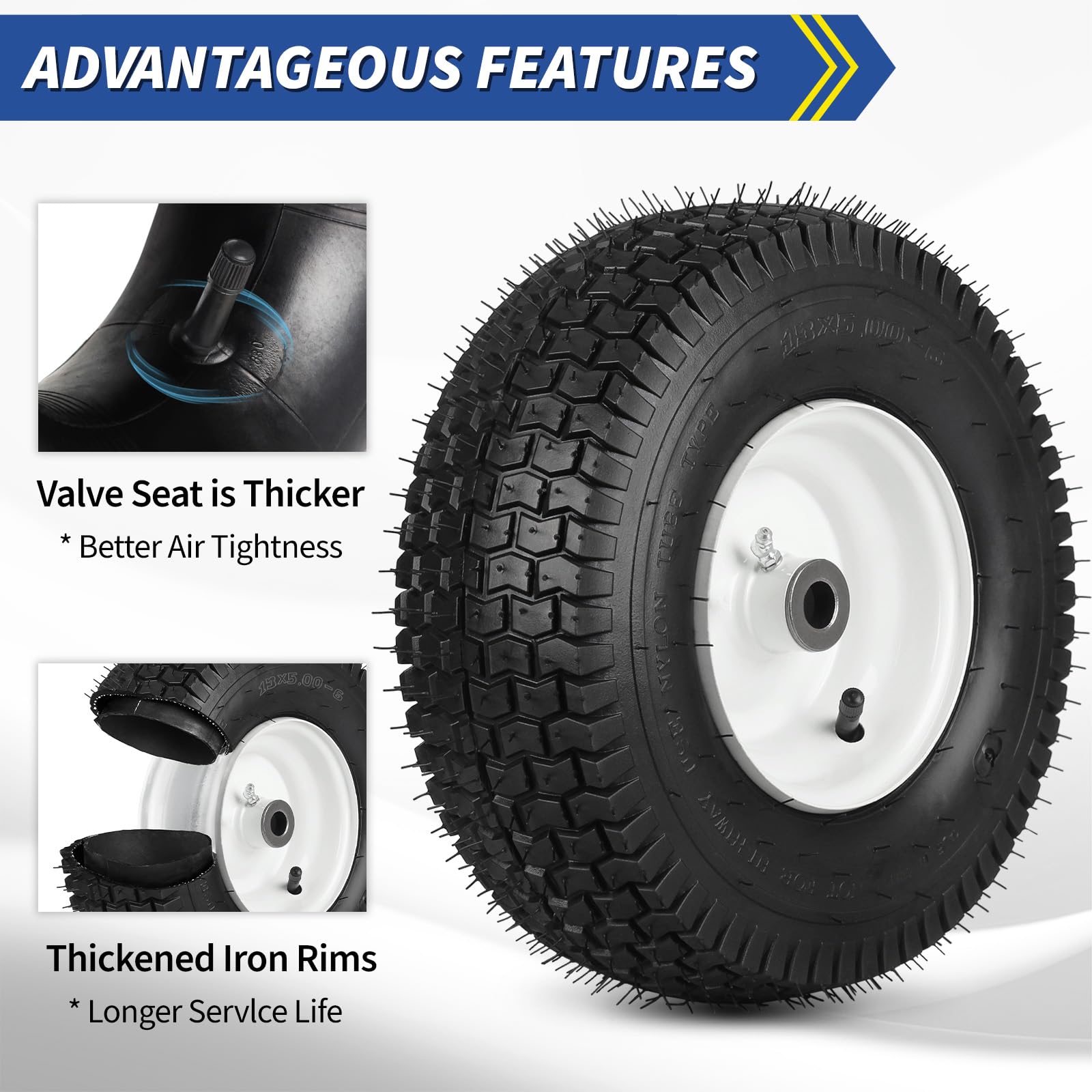 13x5.00-6 Rubber Lawn Mower Tire and Wheel, 2 Pcs Replacement 13x5-6nhs Riding Mowers Lawn Pneumatic Tire with 3/4" Bushing, 3" -4.5" Centered Hub
