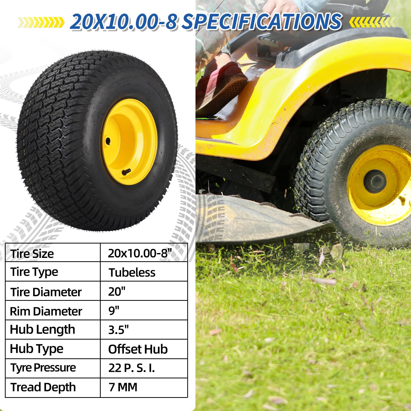 20x10.00-8 Lawn Mower Tire and Wheel, 3/4" Borehole, and 3/16" Keyway, 3.5" Offset Hub, 4 Ply Tubeless Tire, Replacement 20x10-8nhs Riding Lawn Mower and Tractor Rear Tire and Wheel Assemblies