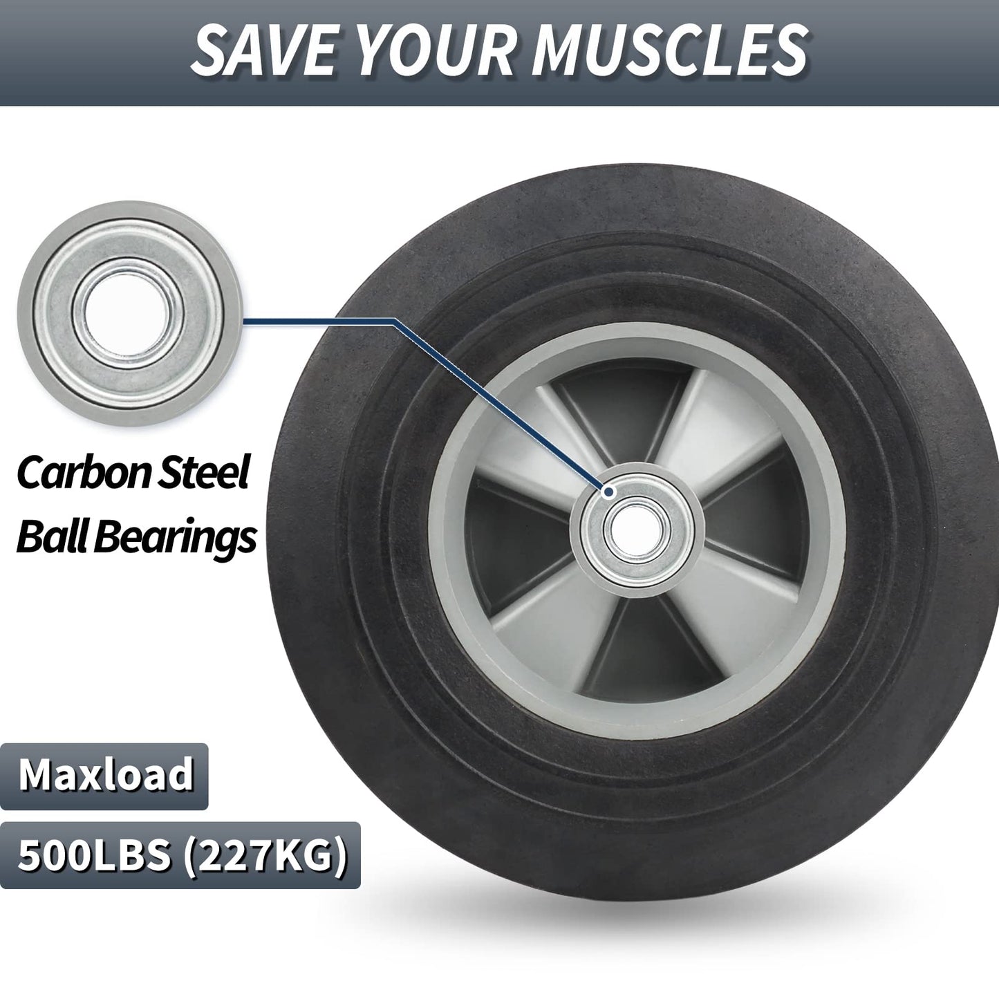10" x 2.5" Flat-Free Solid Rubber Tire and Wheel 5/8" Axle Bore Hole, 2 1/4" Offset Hub, Replacement 4.10/3.50-4" for Hand Truck Dolly Trolley Garden Wagon Cart Generator, 2(Pack)
