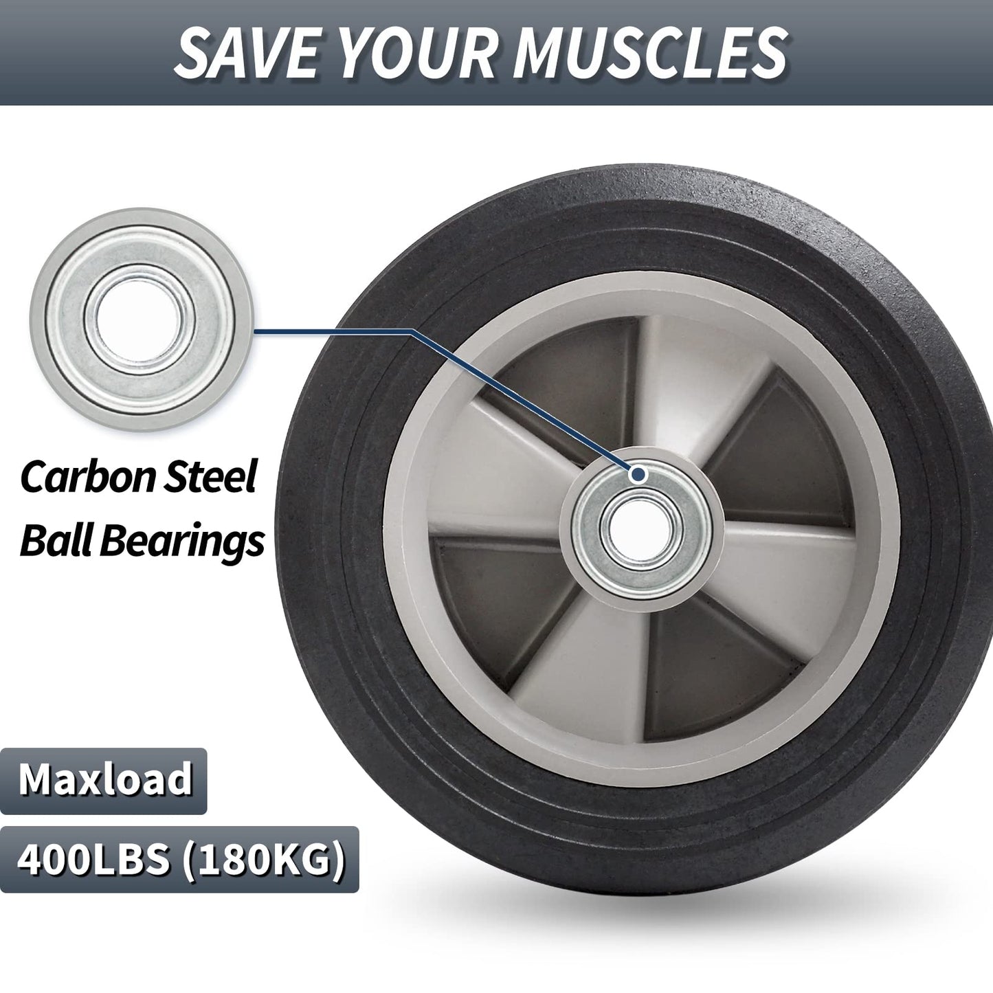 8" x 2" Flat-Free Solid Rubber Tire and Wheel with Ball Bearings and 5/8" Axle Bore Hole, 2" Offset Hub, For Hand Truck Dolly Trolley Garden Wagon Cart Generator Replacement Tire (2 Pack)