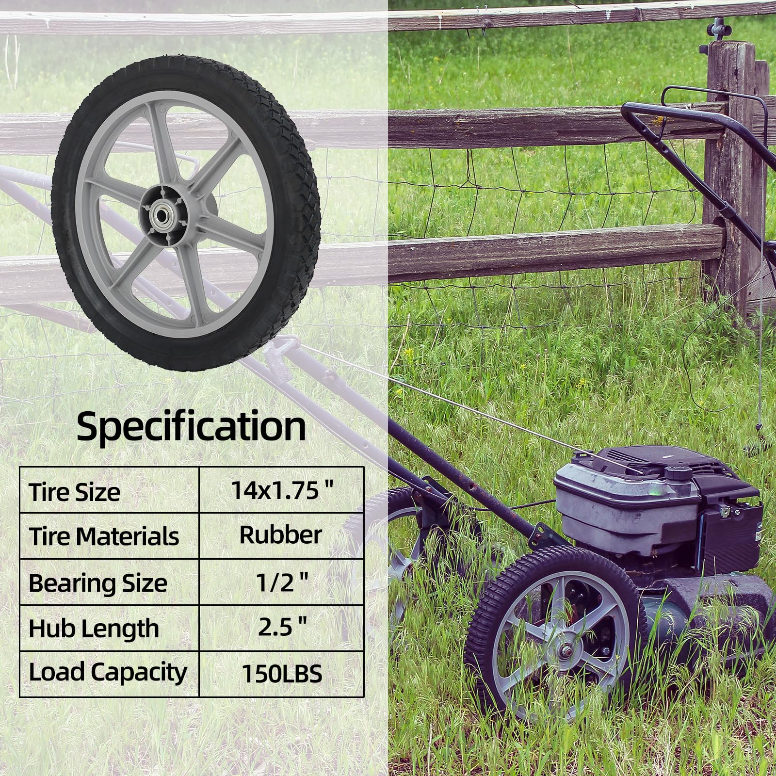 14 x 1.75'' Rubber Tire and Plastic Spoke Wheel, 2.5" Hub Length, 1/2" Axle Bore, for Lawn mower Trolley Dolly Wheel Replacement, 2 (Pack)