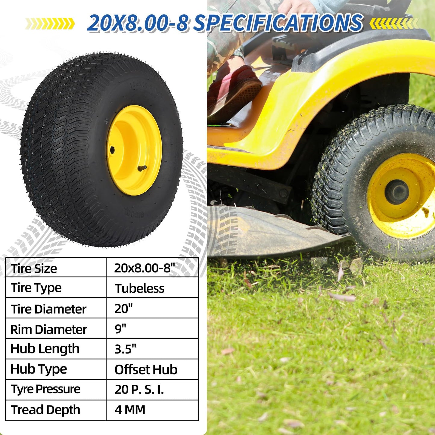 20x8.00-8 Tire and Wheel, 4 Ply Tubeless Lawn Mower Tire Replacement 20x8-8nhs Riding Tractor Mower and Rear Tire and Wheel Assemblies, 3.5" Offset Hub, 3/4" Borehole, and 3/16" Keyway, 2 Pack
