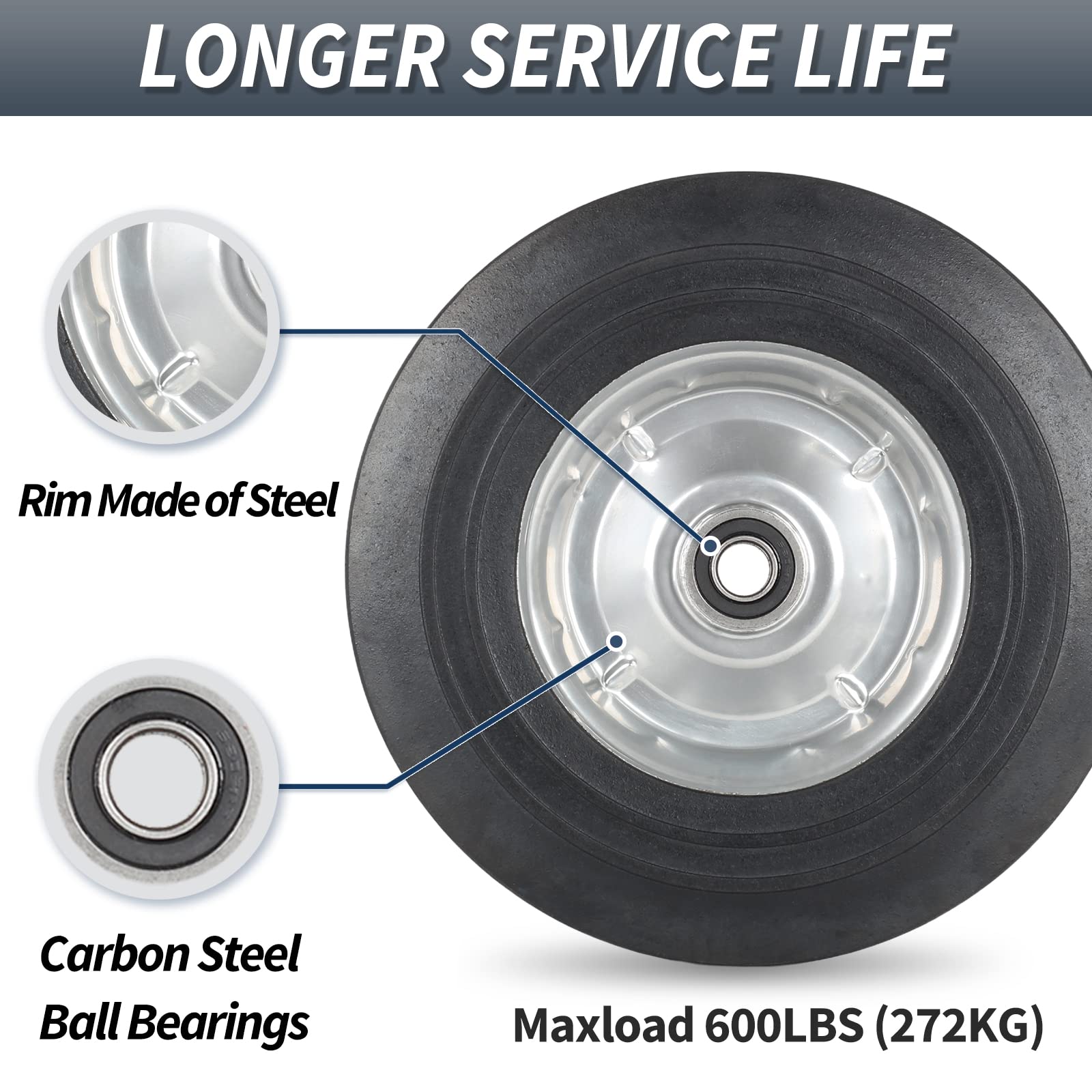 10" x 2.5" Flat Free Solid Rubber Tire with 5/8" Axle Bore Hole, 2 1/4" Hub, Replacement 4.10/3.50-4" for Hand Truck Dolly Trolley Garden Wagon Cart Generator, 2(Pack)