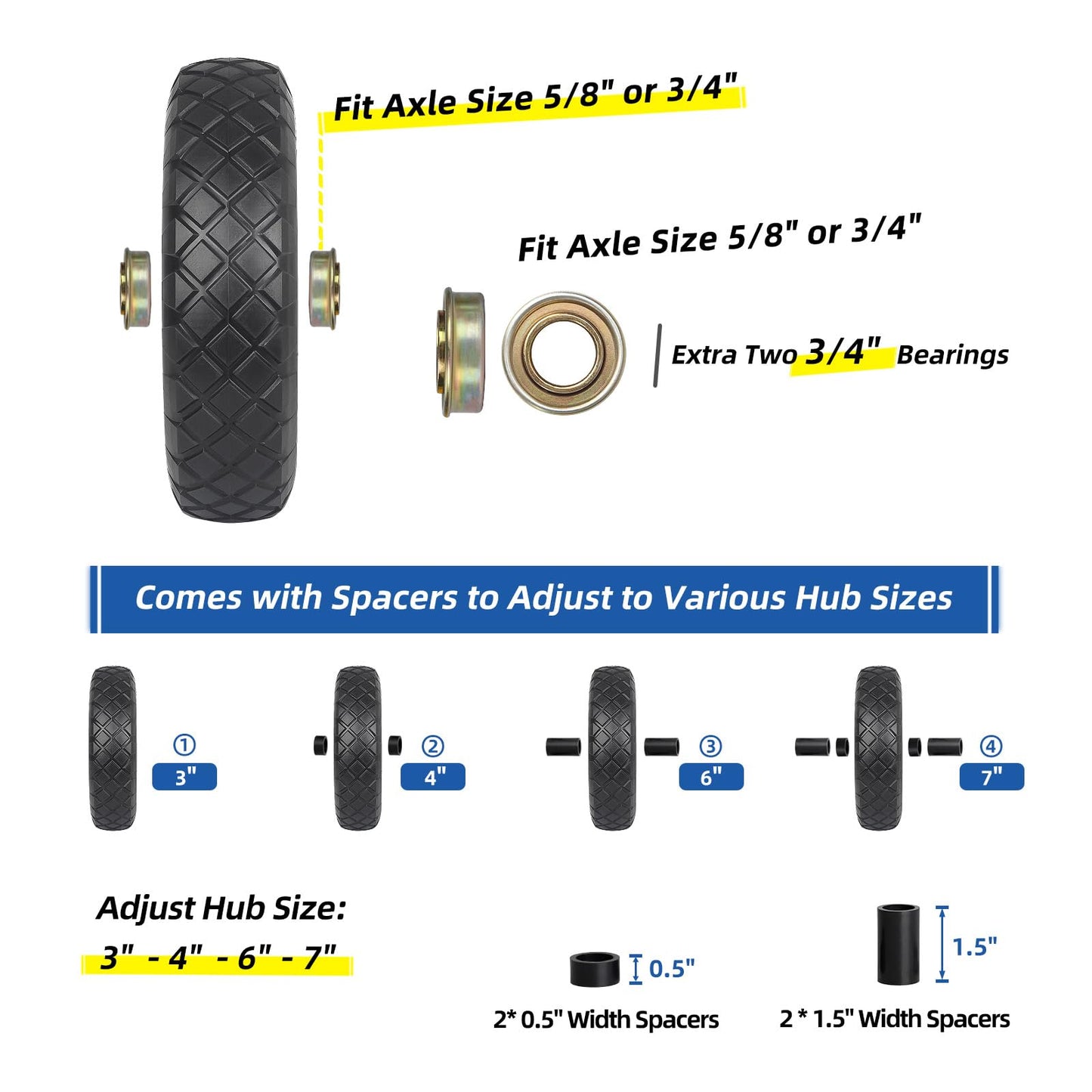 4.80/4.00-8" Wheelbarrow Tire, 16" Flat-Free Solid Tire and Wheel, 3" Centered Hub, 5/8" Axle Bore Hole, for Garden Wagon Cart Trolley Dolly Lawn Mover Go Kart Replacement (2 Pack)
