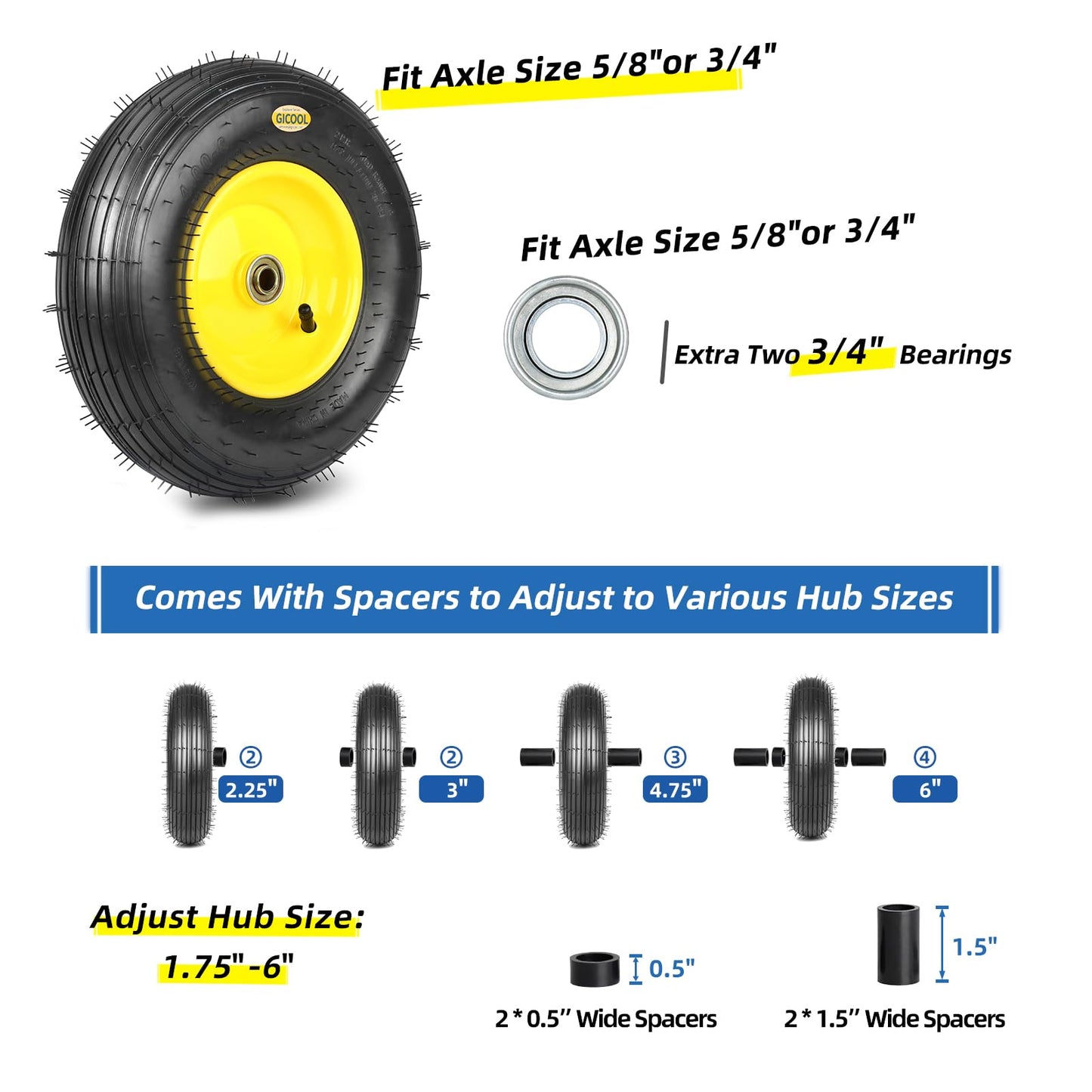 (Explorer Series) 4.00-6 Wheelbarrow Tire, 13" Rubber Pneumatic Wheel, Installed 5/8" Bearing with Extra 3/4" Bearing,1.75"- 6" Centered Hub (1 Pack)