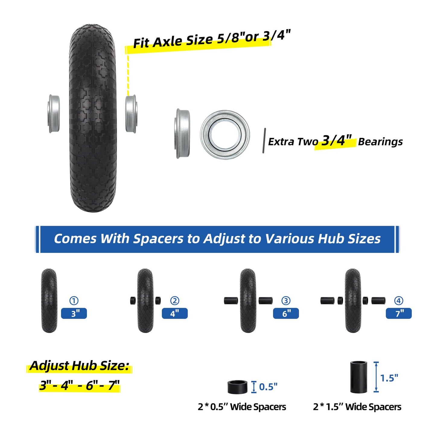 14.5" Wheelbarrow Tire, 3.50-8" Flat-free Solid Tire and Wheel with 5/8" Axle Bore Hole, 3-6" Centered Hub for Wheelbarrow Trolley Dolly Lawn Mover Go Kart Replacement