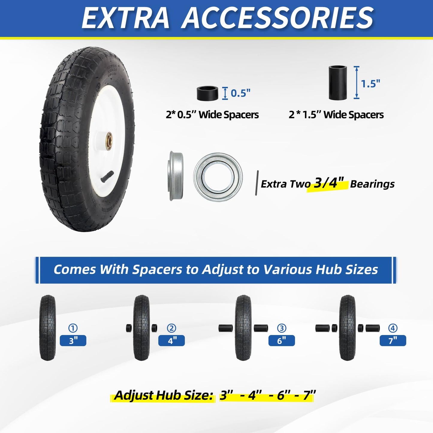 GICOOL Wheelbarrow Rubber Tire, 14-inch Pneumatic Wheel, 3"-6" Centered Hub, 5/8" & 3/4" Ball Bearings, Replacement 4.80/4.00-8, 3.50/2.50-8, 4.00-6, 4.00-8 Wheelbarrow Wheels