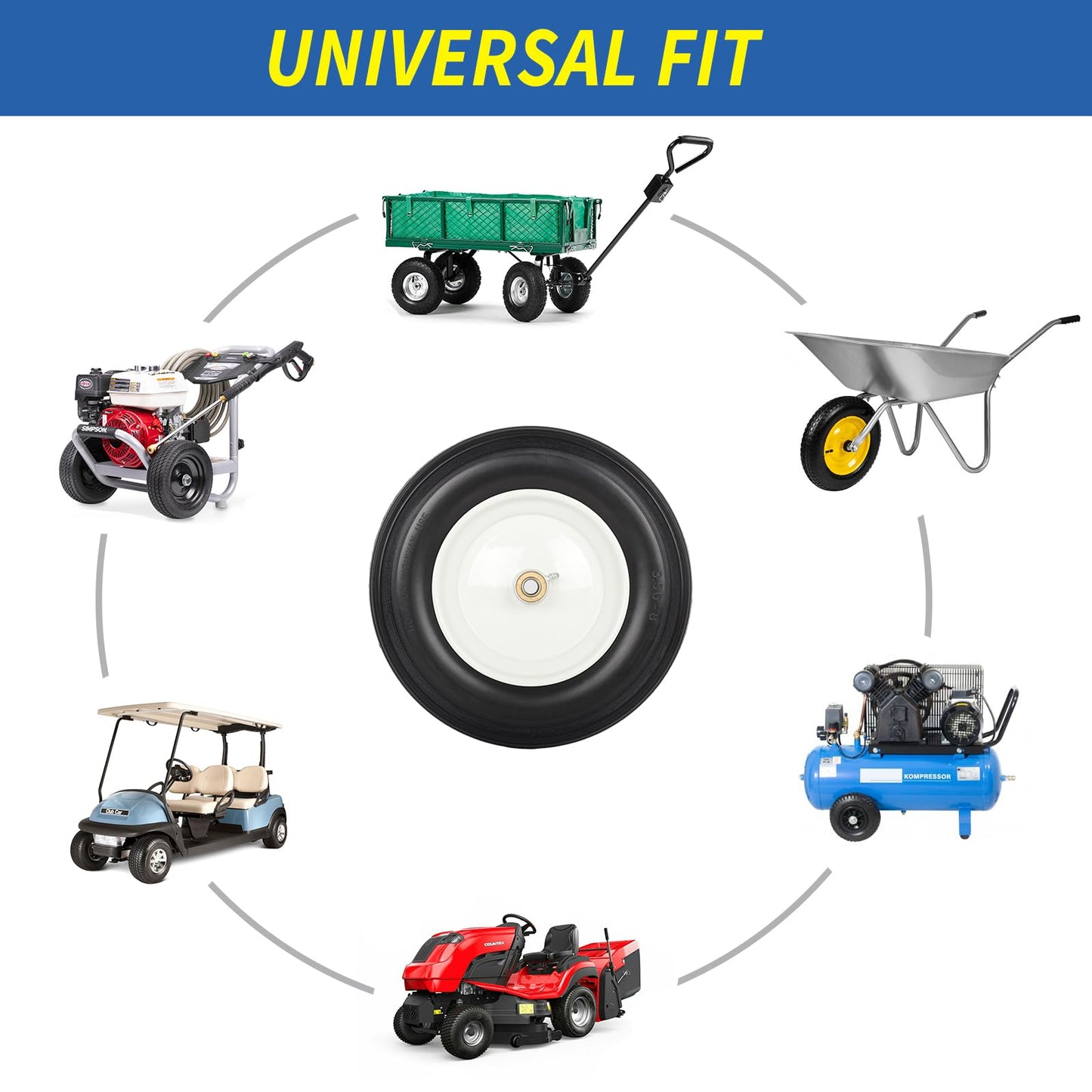 14.5" Wheelbarrow Flat Free Tire, Fits 4.80/4.00-8, 3.50/2.50-8, 4.00-6, 4.00-8, Wheelbarrow Wheels, 5/8" Bearing with Extra 3/4" Bearing, 3" -6" Centered Hub