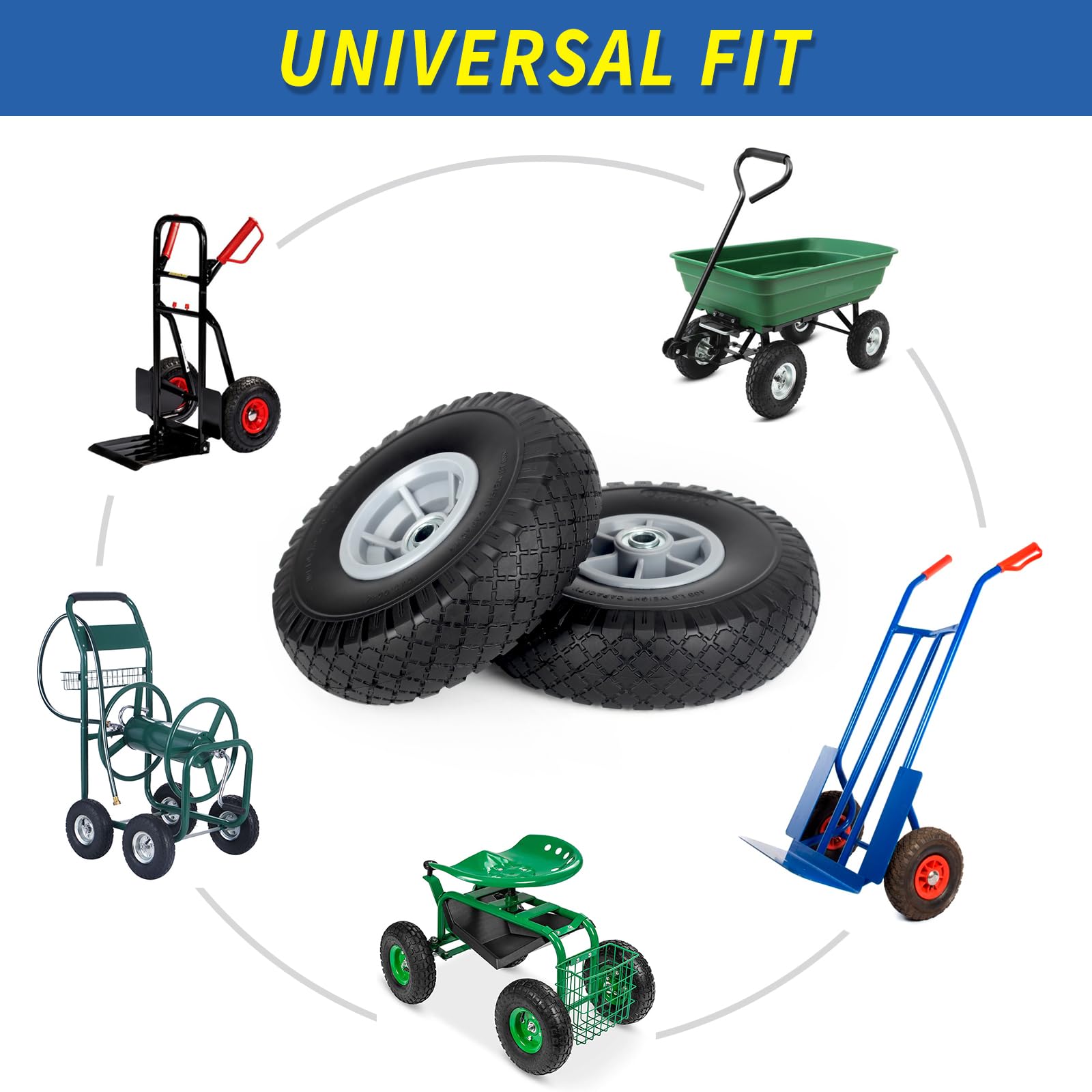 10x3.00-4 Flat Free Tire, 10" Heavy Duty Replacement Tire and Wheel Assemblies, Compatible Cosco Hand Trucks and Trolley Carts, 5/8" Axle Bore Hole, 2.2" Offset Hub, 2 (Pack)