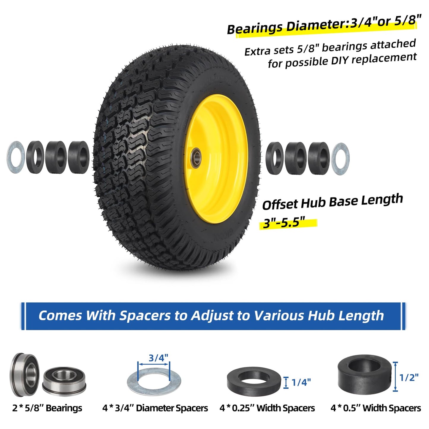 16x6.50-8 Tubeless Tire and Wheel, 16x6.5-8 Lawn Mower Tires, 3"-4.5" Offset Hub, 3/4" or 5/8" Bearing, Universal Fit Riding Mower and Garden Tractor Front Wheel, 4 Ply, S-Turf Pattern, 2 Pack