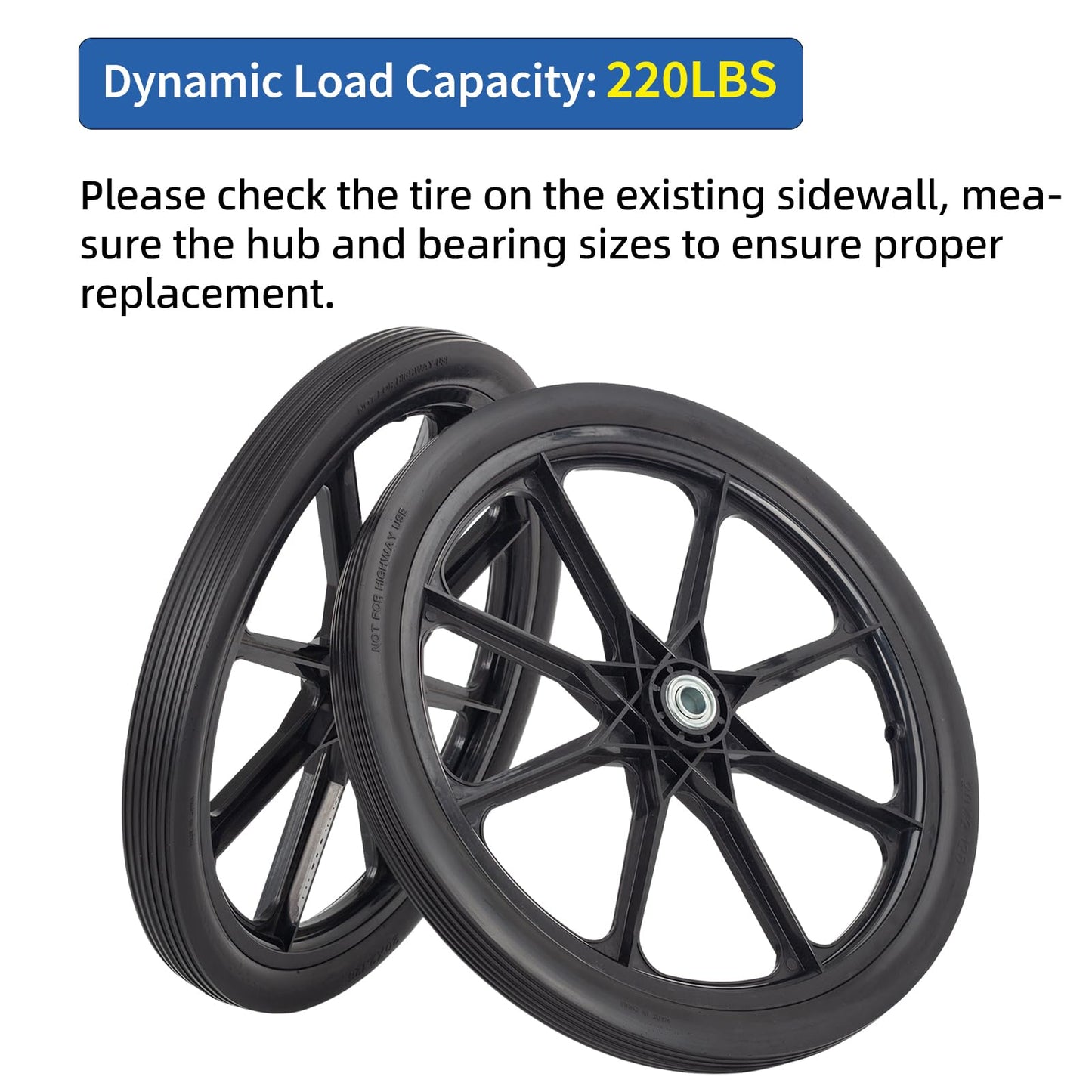 20" Flat Free Tire and Wheel, with 3/4" & 5/8" Bearing, 2.45" Centered Hub, Replacement Wheel For Rubbermaid Wheelbarrow, Garden Yard Cart, 2(pack)