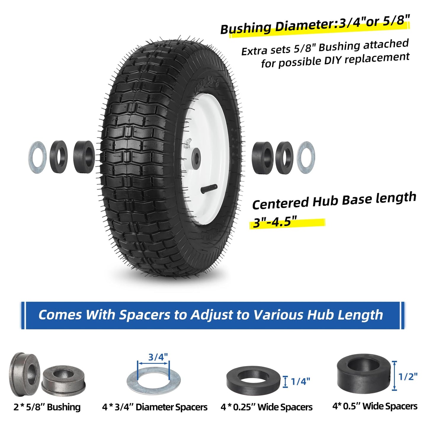 16x6.50-8 Riding Lawn Mower Rubber Tire and Wheel, 2 Pcs Replacement 16x6.5-8nhs Garden Tractor Lawnmower Tyre, with 3/4" & 5/8" Bushing, 3"-4.5" Centered Hub