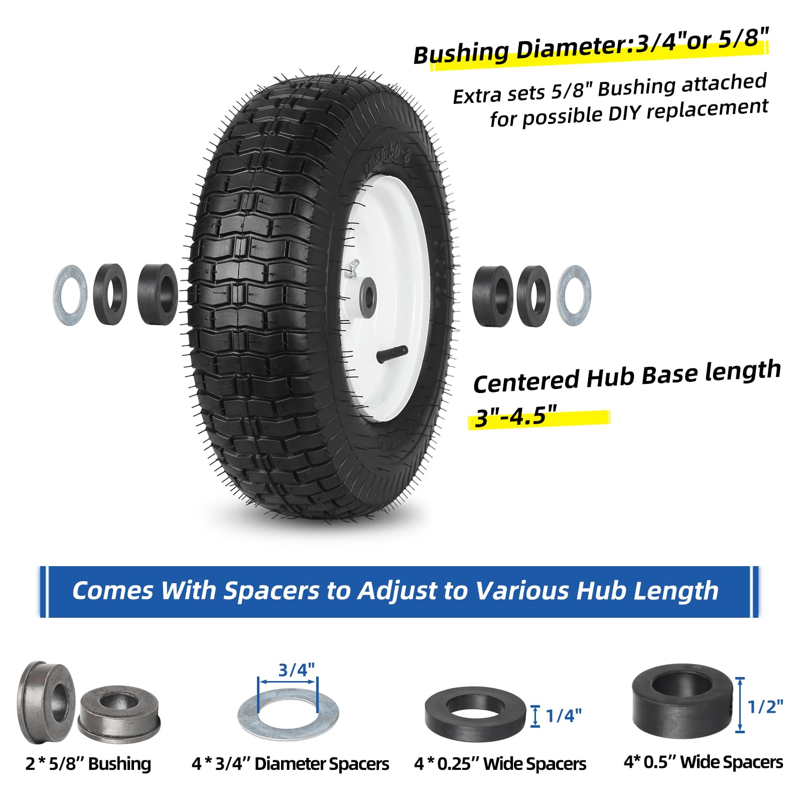 16x6.50-8 Riding Lawn Mower Rubber Tire and Wheel, 2 Pcs Replacement 16x6.5-8nhs Garden Tractor Lawnmower Tyre, with 3/4" & 5/8" Bushing, 3"-4.5" Centered Hub
