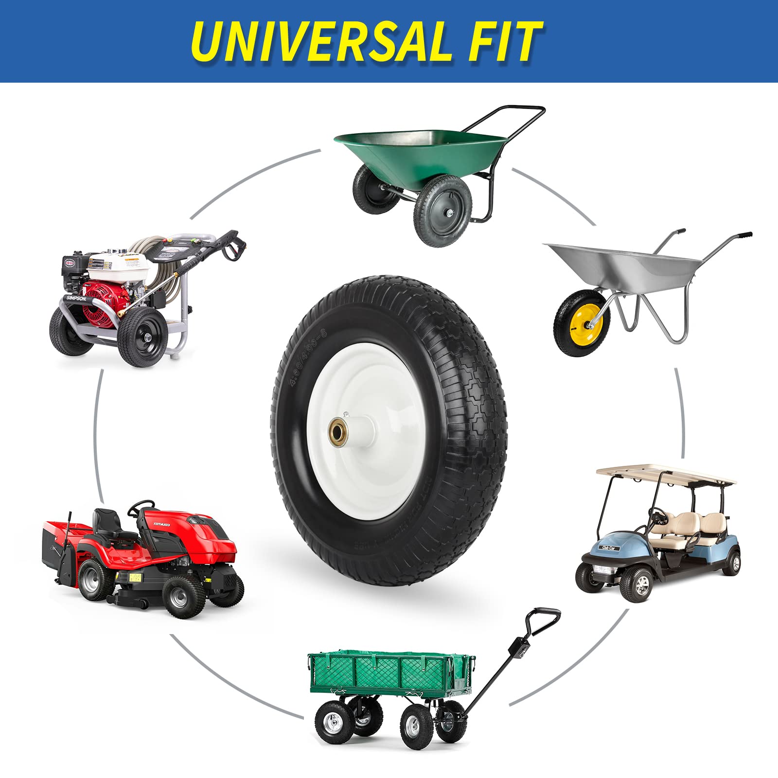 4.80/4.00-8" Flat-Free Tire and Wheel 16" Solid Wheelbarrow Tire, 6" Centered Hub, 5/8" Axle Bore Hole for Wheel Barrow Garden Utility Cart, Universal Replacement (1 pack)