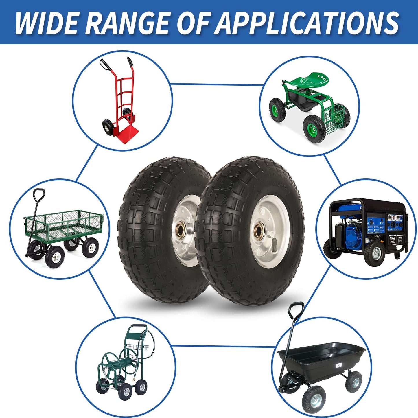 4.10/3.50-4" Tire and Wheel, 10" Pneumatic Tire, with 2 1/4" Offset Hub, 5/8" Axle Bore Hole, Sealed Bearings for Hand Truck Trolley Dolly Garden Wagon Cart Wheel Replacement 4 Pack