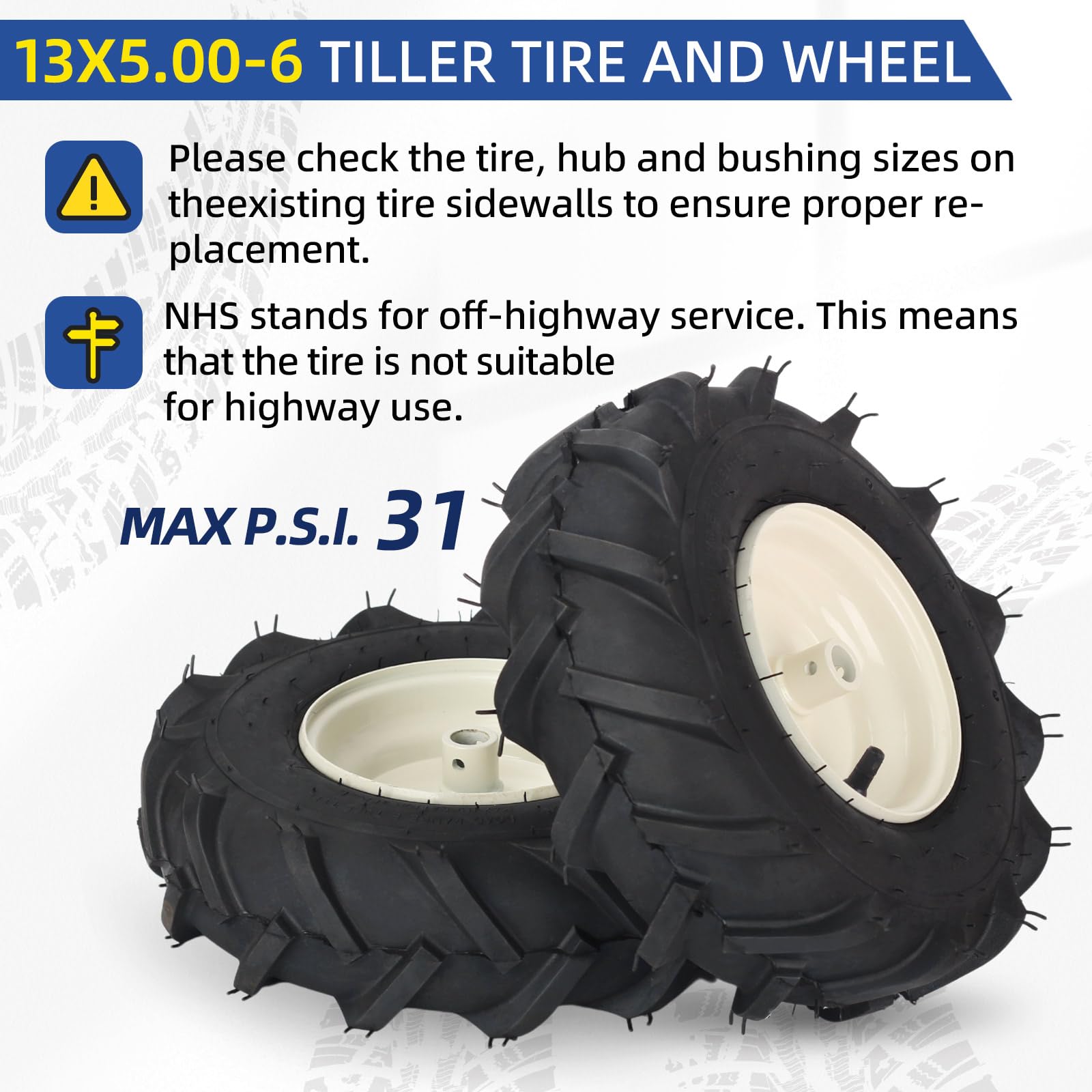 13x5.00-6" Tiller Tire and Wheel, 【3/4" Axle Size】, 3-1/8" Centered Hub, 13x5-6 Agriculture Super Lug Tractor & Trencher Tubeless Tire, Compatible with Craftsman & Troy-Bilt Tiller, 1 Pack