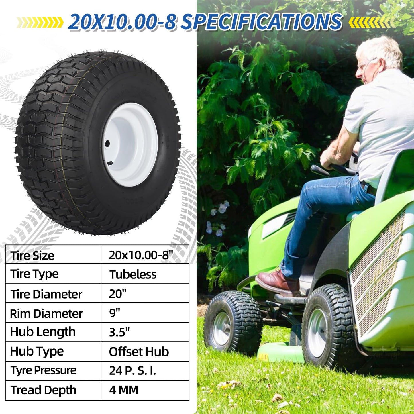 20x10.00-8 Lawn Mower Tire and Wheel, 4 Ply Tubeless Tire, Replacement 20x10-8nhs Riding Lawn Mower and Tractor Rear Tire and Wheel Assemblies, 3.5" Offset Hub, 3/4" Borehole, and 3/16" Keyway