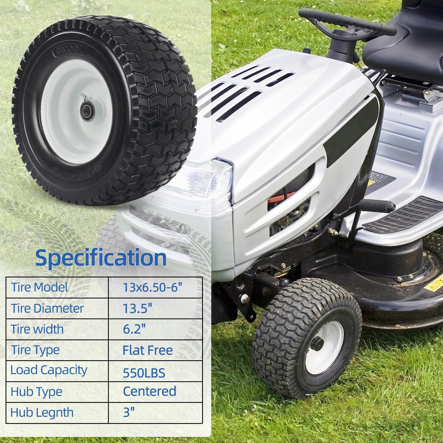 13x6.50-6 Tire and Wheel, 13x6.5-6" Flat-free Lawn Mower Tires, 3”-6.5“ Centered Hub, 3/4" or 5/8" Bearing, Universal Fit Garden Tractor Front Wheels, V-Turf Pattern, 2 (Pack)