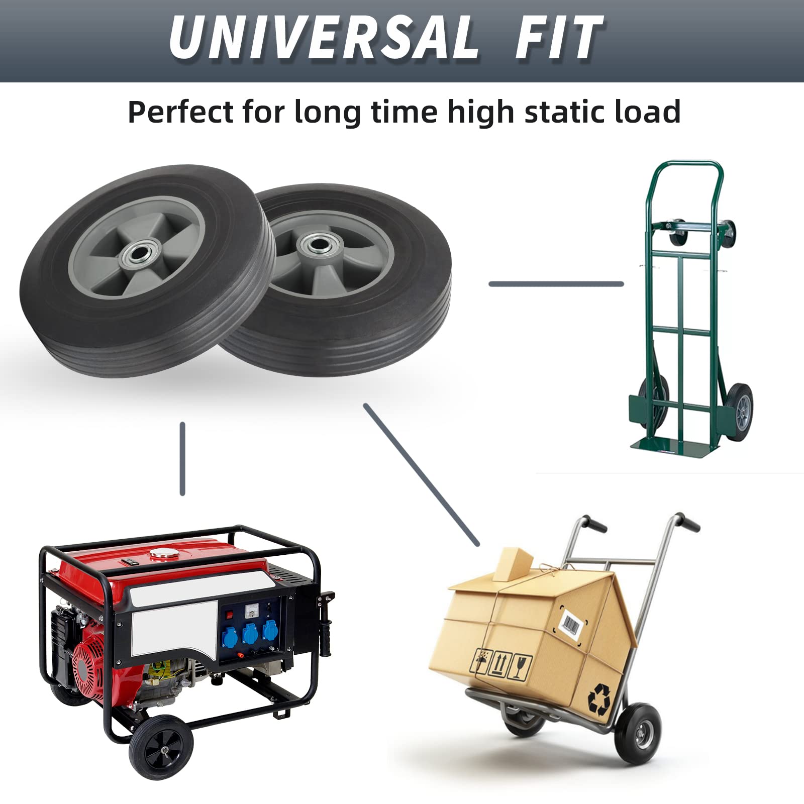 10" x 2.5" Flat-Free Solid Rubber Tire and Wheel 5/8" Axle Bore Hole, 2 1/4" Offset Hub, Replacement 4.10/3.50-4" for Hand Truck Dolly Trolley Garden Wagon Cart Generator, 2(Pack)