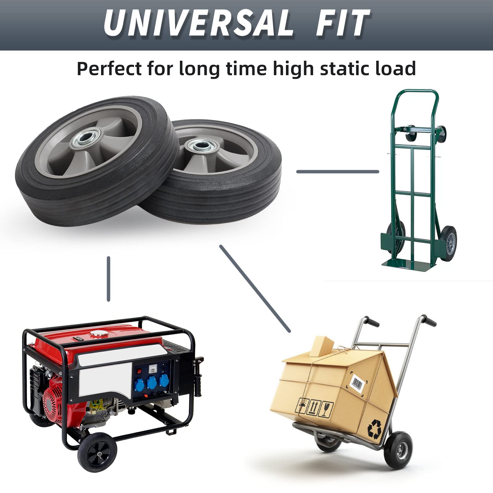 8" x 2" Flat-Free Solid Rubber Tire and Wheel with Ball Bearings and 5/8" Axle Bore Hole, 2" Offset Hub, For Hand Truck Dolly Trolley Garden Wagon Cart Generator Replacement Tire (2 Pack)