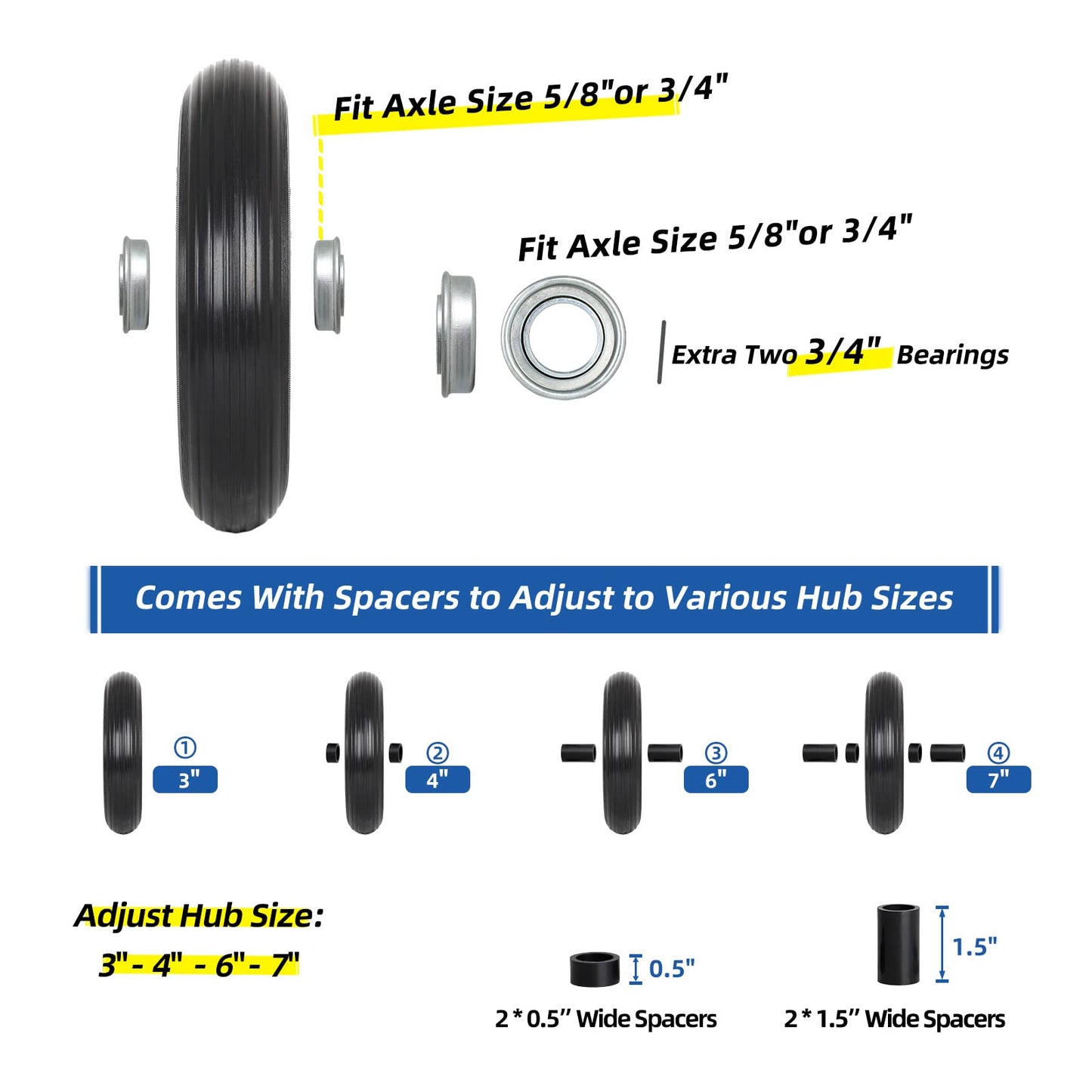 14.5" Wheelbarrow Flat Free Tire, Fits 4.80/4.00-8, 3.50/2.50-8, 4.00-6, 4.00-8, Wheelbarrow Wheels, 5/8" Bearing with Extra 3/4" Bearing, 3" -6" Centered Hub