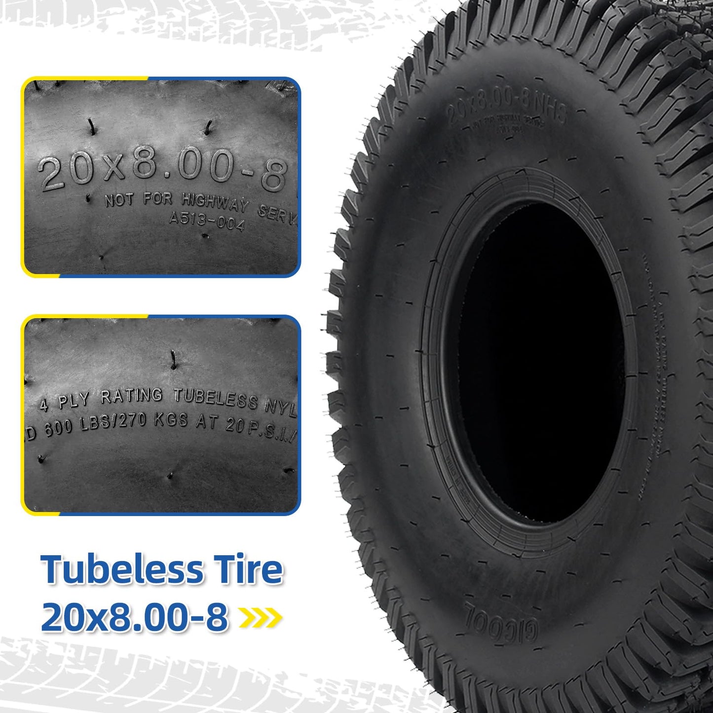 20x8.00-8 Lawnmower Tubeless Tire, 20x8-8 for Tractor Riding Lawn Mowers, 4 Ply, Deep Turf-S Pattern(2 Pack)