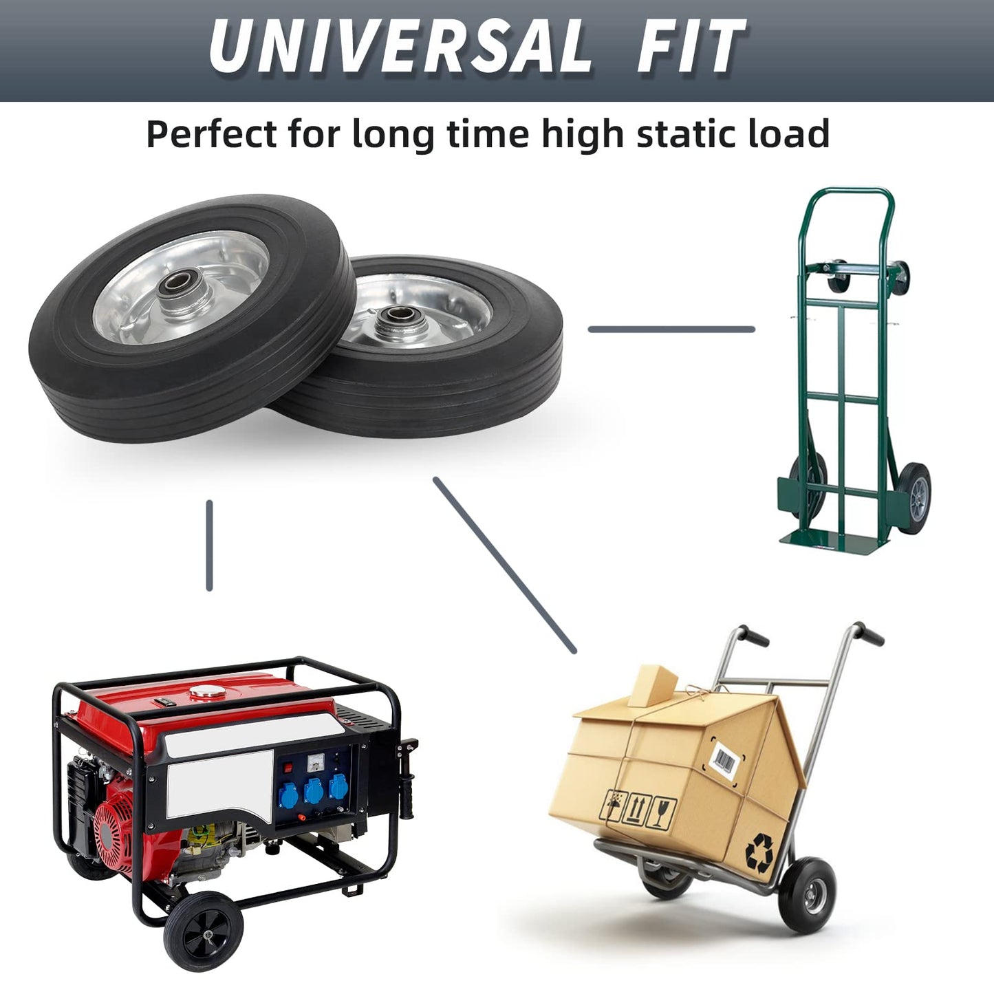 10" x 2.5" Flat Free Solid Rubber Tire with 5/8" Axle Bore Hole, 2 1/4" Hub, Replacement 4.10/3.50-4" for Hand Truck Dolly Trolley Garden Wagon Cart Generator, 2(Pack)