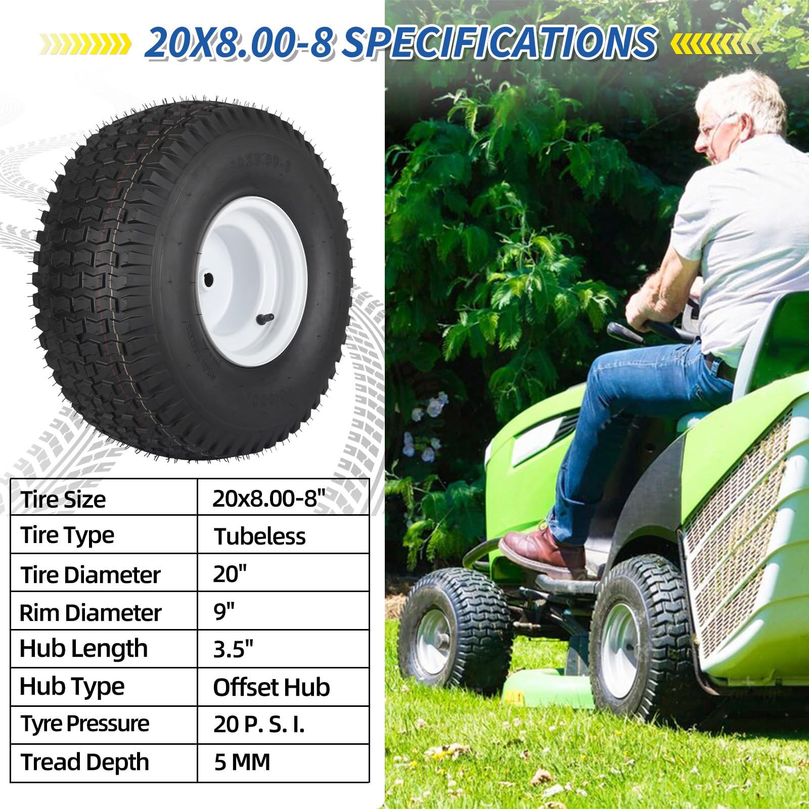 20x8.00-8 Lawn Mower Tire and Wheel, 4 Ply Tubeless Tire, 20x8-8nhs Riding Lawn Mower and Tractor Rear Tire and Wheel Assemblies, 3.5" Offset Hub, 3/4" Borehole, and 3/16" Keyway