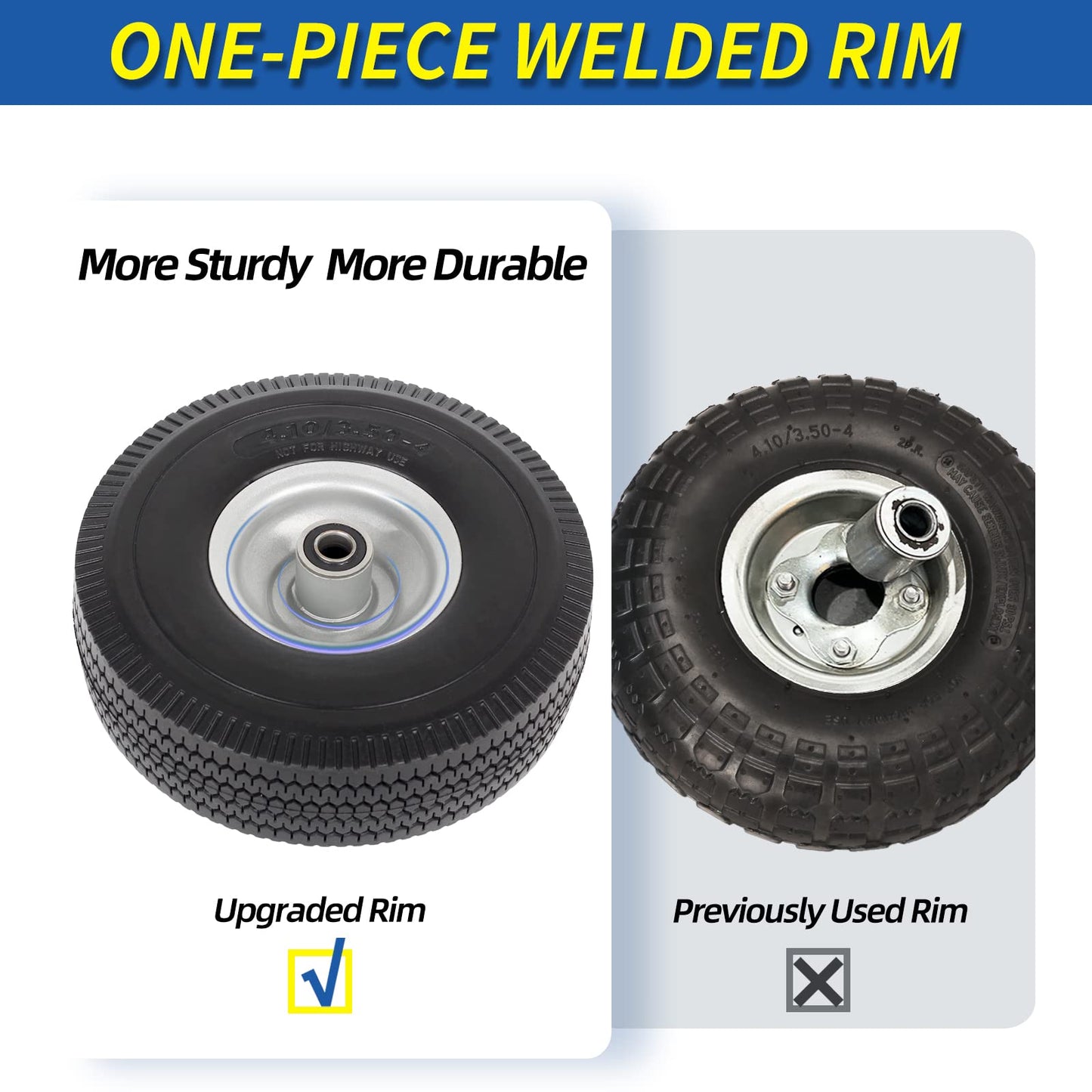 4.10/3.50-4" Flat Free Tire and Wheel, 10" Solid Tire with 5/8" Axle Bore Hole, 2.2" Offset Hub for Hand Truck Garden Wagon Cart Trolley Dolly Lawn Mover Replacement Tire (2 pack)