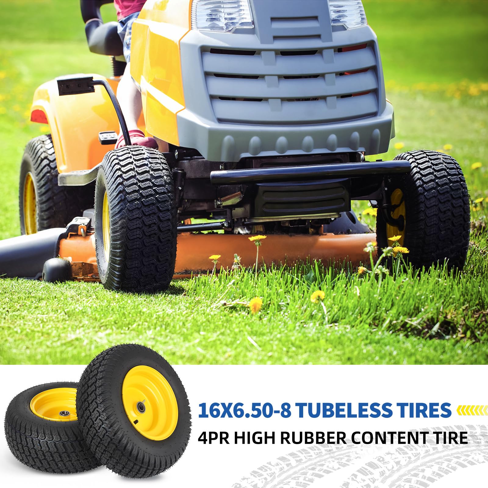 16x6.50-8 Tubeless Tire and Wheel, 16x6.5-8 Lawn Mower Tires, 3"-4.5" Offset Hub, 3/4" or 5/8" Bearing, Universal Fit Riding Mower and Garden Tractor Front Wheel, 4 Ply, S-Turf Pattern, 2 Pack
