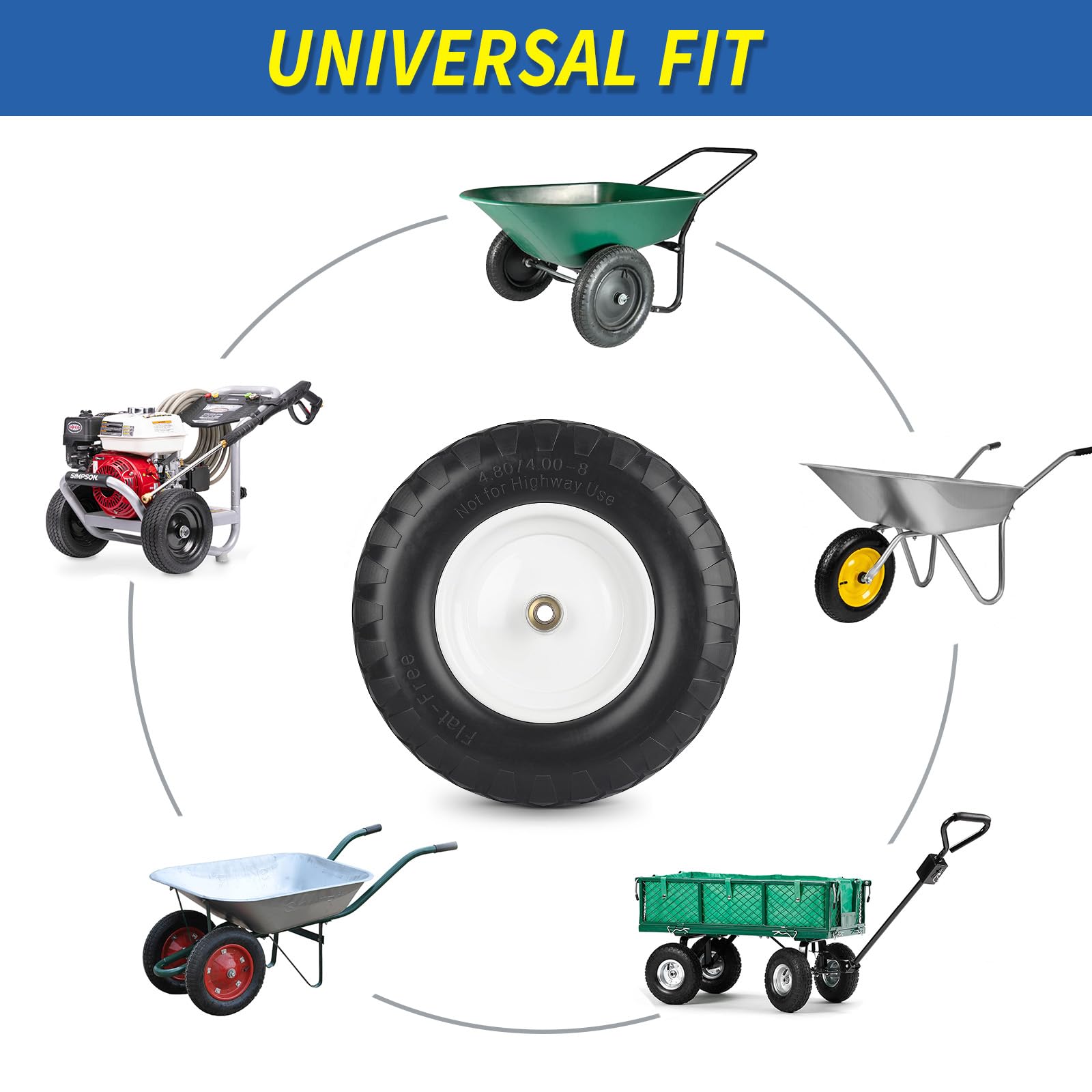 4.80/4.00-8" Wheelbarrow Tire, 16" Flat-Free Solid Tire and Wheel, 3-6" Centered Hub, 5/8" & 3/4" Bearing, For Broadcast Spreader Garden Wagon Cart Trolley Dolly (1 Pack)