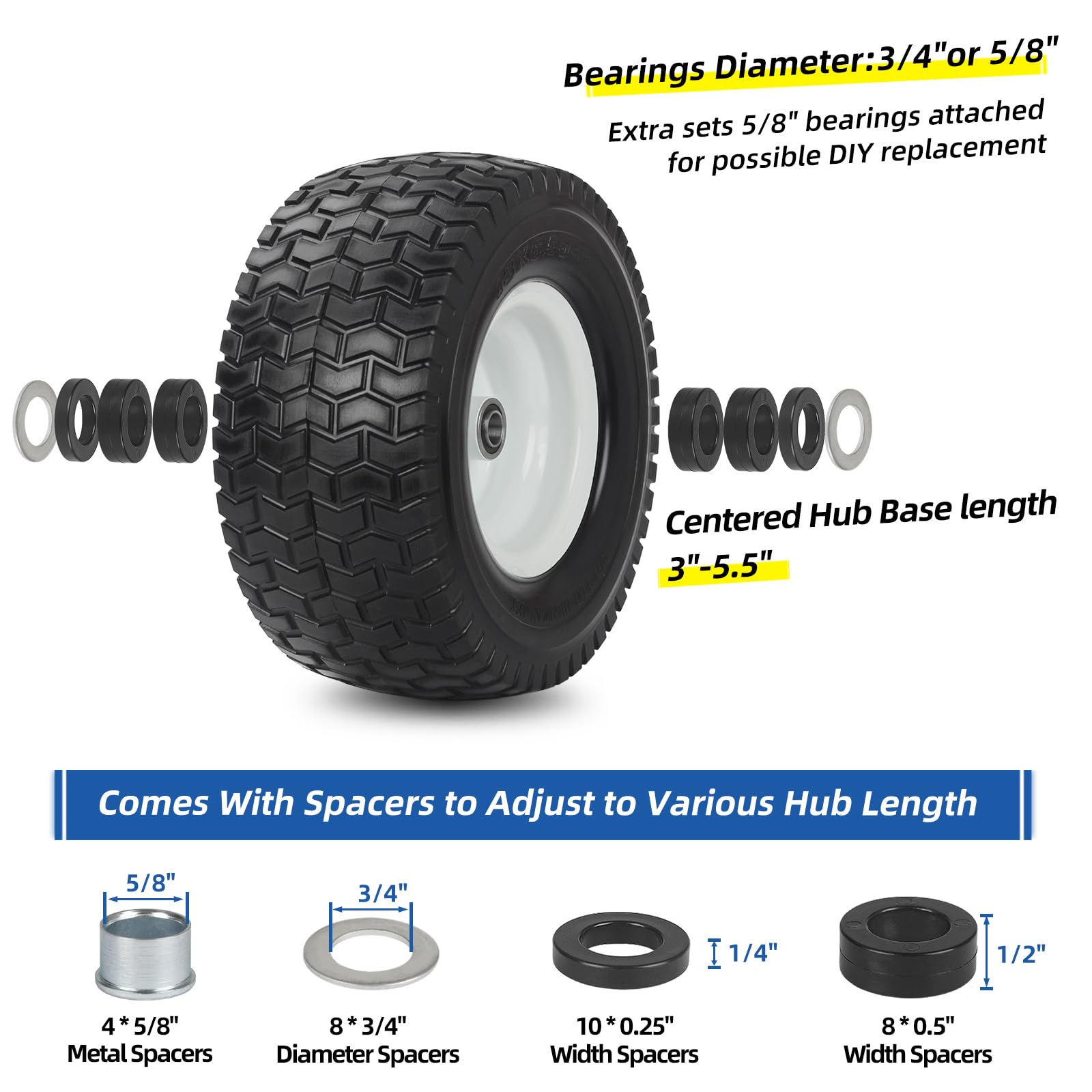 13x6.50-6 Tire and Wheel, 13x6.5-6" Flat-free Lawn Mower Tires, 3”-6.5“ Centered Hub, 3/4" or 5/8" Bearing, Universal Fit Garden Tractor Front Wheels, V-Turf Pattern, 2 (Pack)