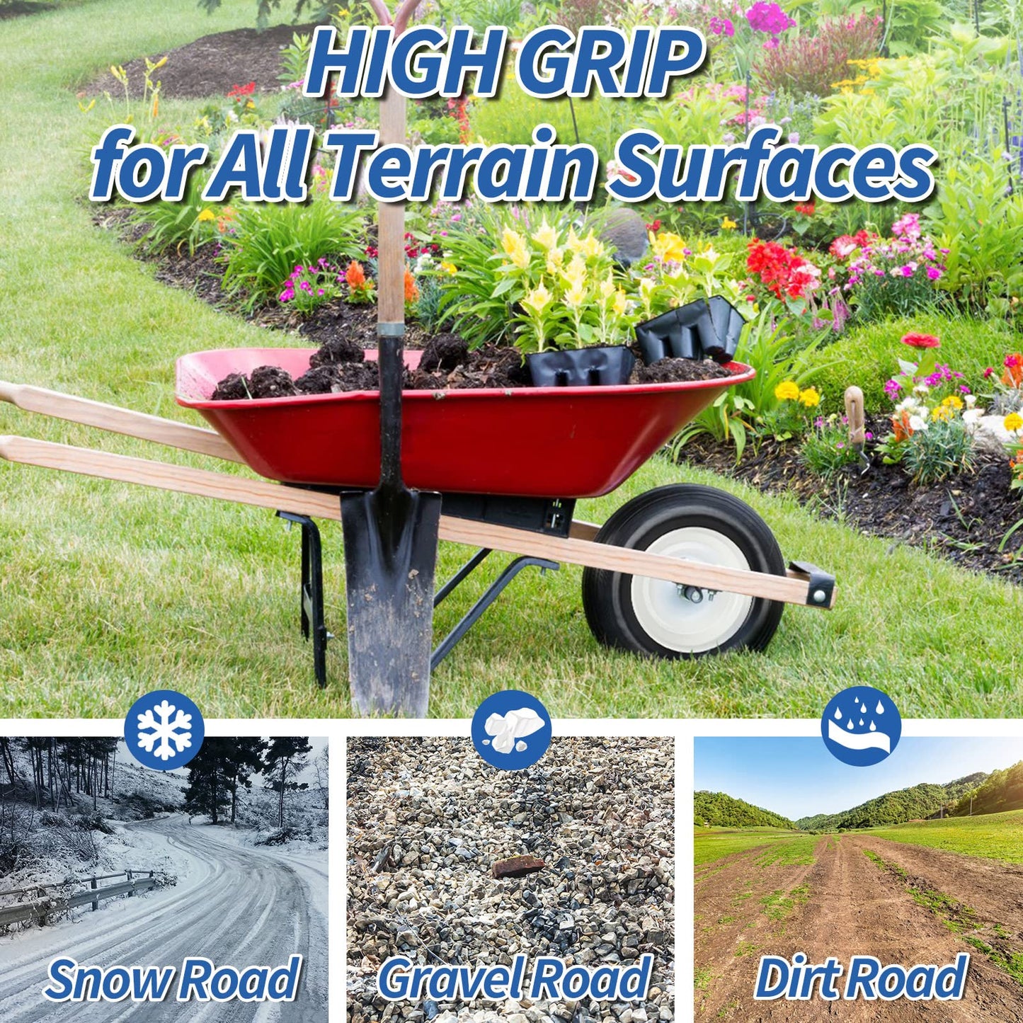 14.5" Wheelbarrow Flat Free Tire, Fits 4.80/4.00-8, 3.50/2.50-8, 4.00-6, 4.00-8, Wheelbarrow Wheels, 5/8" Bearing with Extra 3/4" Bearing, 3" -6" Centered Hub