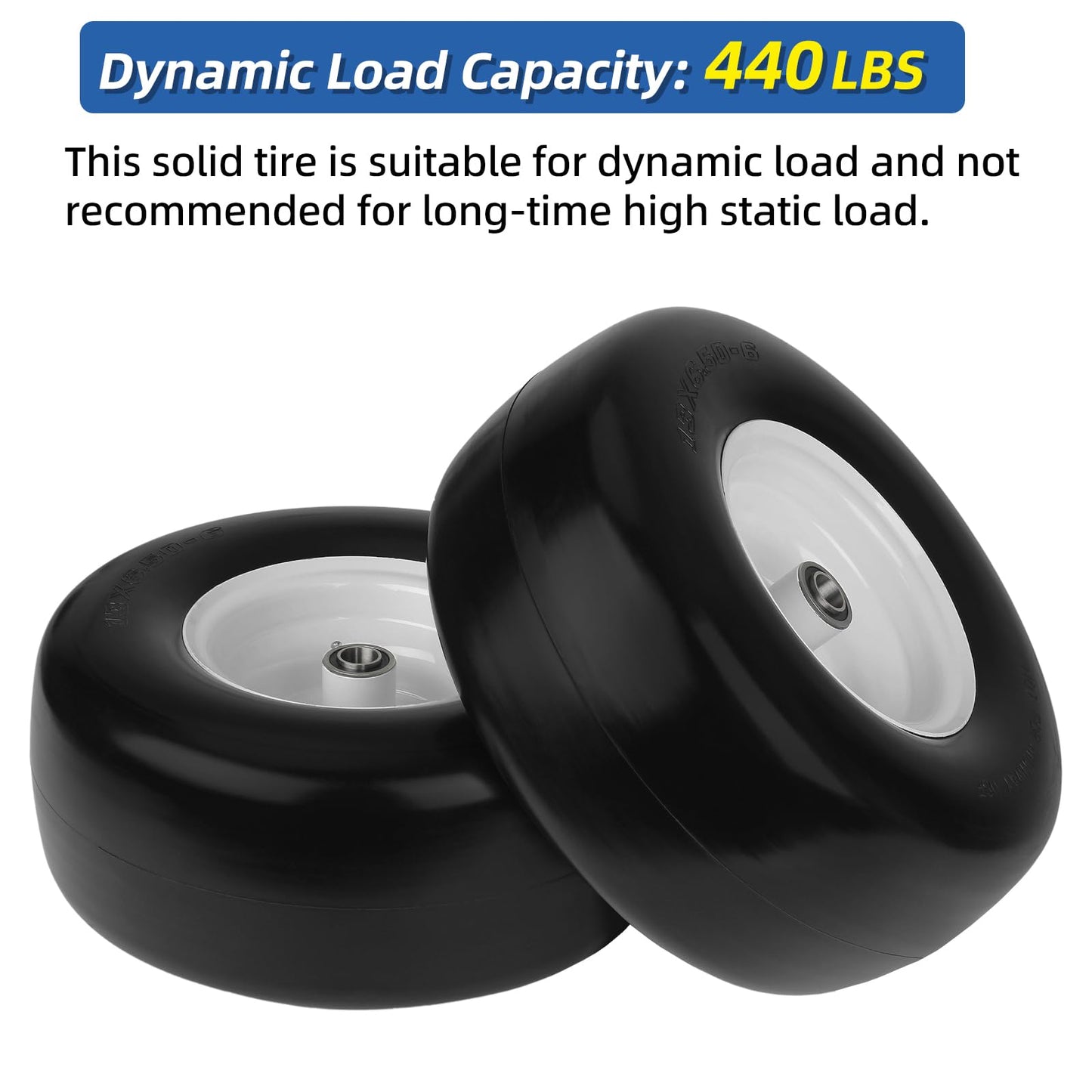 13x6.50-6 Flat Free Lawn Mower Tire and Wheel, Solid Smooth Zero Turn Mower Front Tire Assembly, with 3/4" & 5/8" Bearing, 4"-6.5" Centered Hub, Compatible with Lawnmower Garden Tractor, 2 Pack