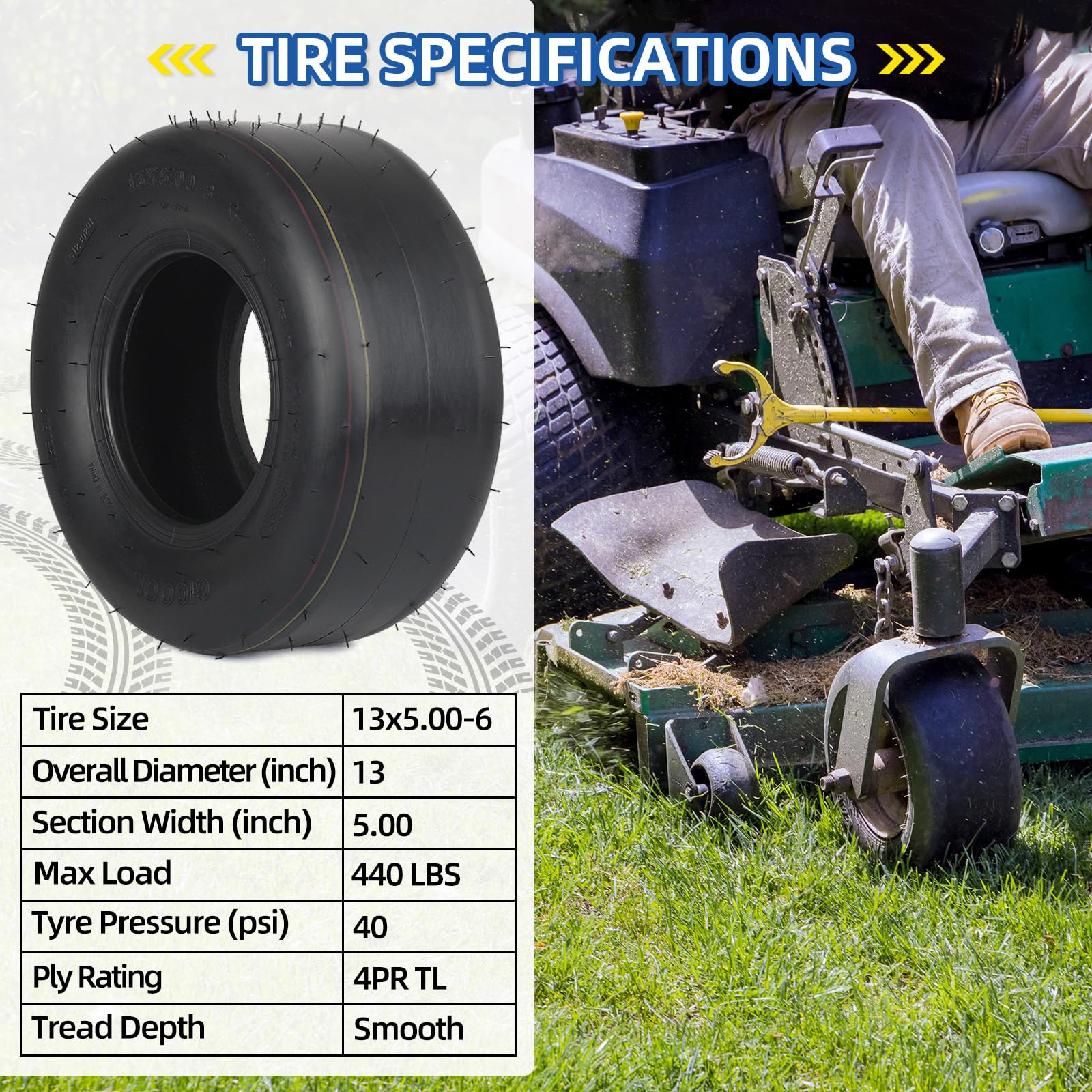 13x5.00-6 Lawn Mower Tubeless Tire, 13x5-6 Riding Zero Turn Lawnmower Smooth Turf Tyre, 4 Ply(2 Pack)