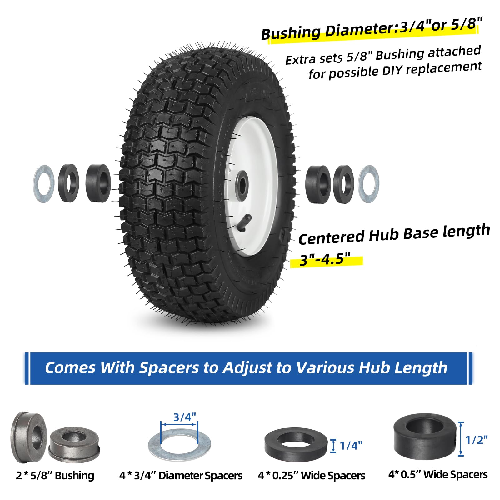 13x5.00-6 Rubber Lawn Mower Tire and Wheel, 2 Pcs Replacement 13x5-6nhs Riding Mowers Lawn Pneumatic Tire with 3/4" Bushing, 3" -4.5" Centered Hub