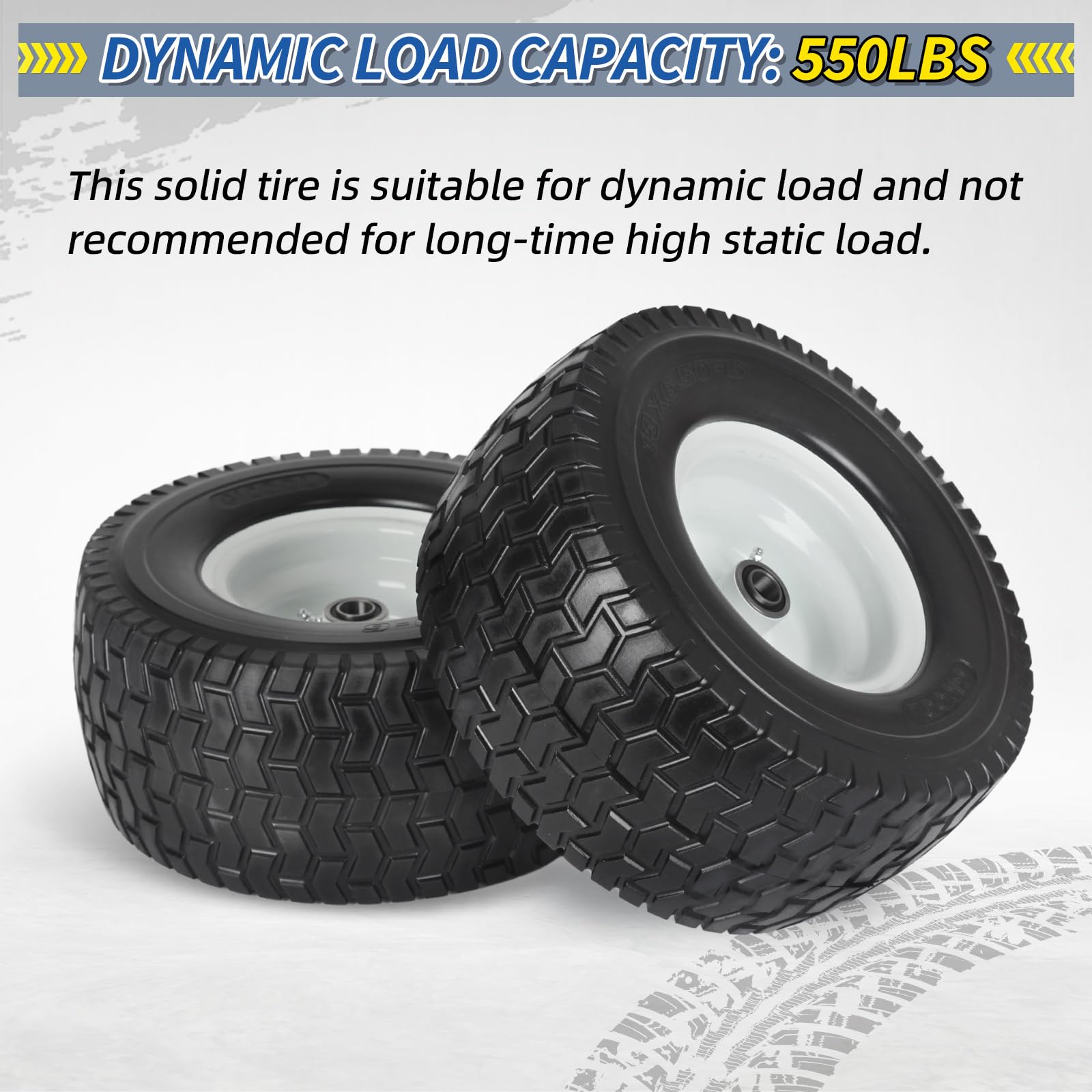 13x6.50-6 Tire and Wheel, 13x6.5-6" Flat-free Lawn Mower Tires, 3”-6.5“ Centered Hub, 3/4" or 5/8" Bearing, Universal Fit Garden Tractor Front Wheels, V-Turf Pattern, 2 (Pack)