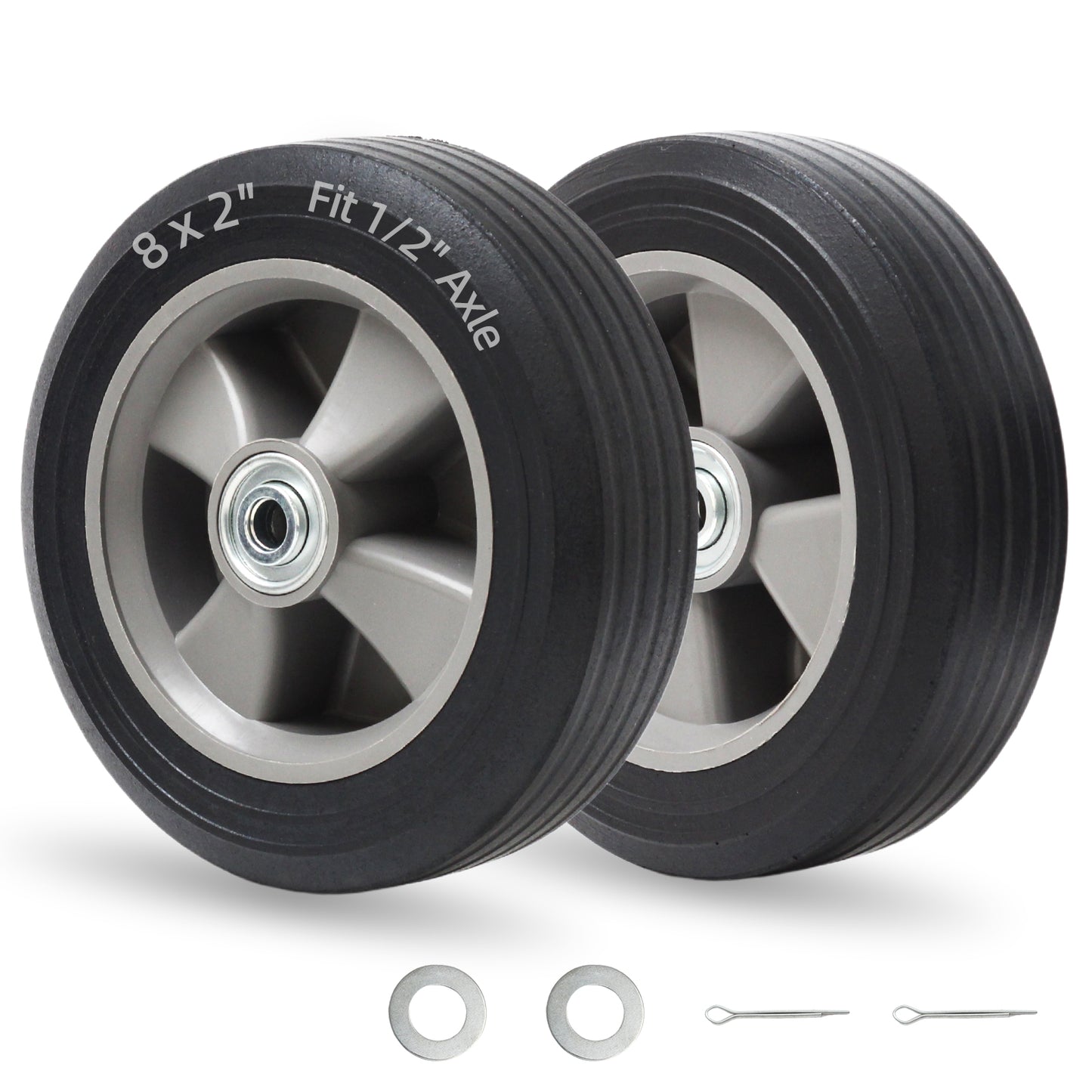 8" x 2" Solid Rubber Flat-Free Tire and wheel, with Ball Bearings and 1/2” Axle Bore Hole, 2" Offset Hub, For Hand Truck Dolly Trolley Garden Wagon Cart Generator Replacement Tire, 2 Pack