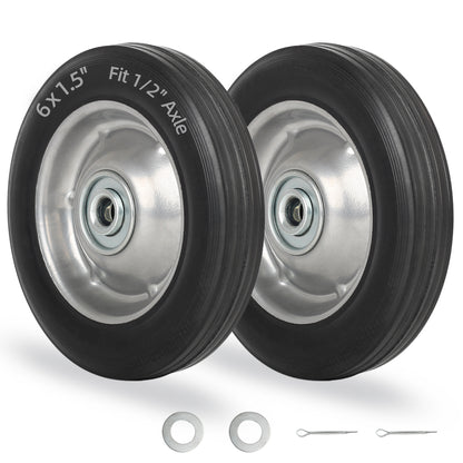 6" Flat Free Solid Rubber Tire and Wheel, with Ball Bearings and 1/2" Axle Bore Hole, 1.3" Centered Hub, 2 Pack