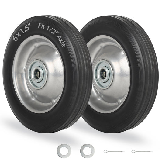 6" Flat Free Solid Rubber Tire and Wheel, with Ball Bearings and 1/2" Axle Bore Hole, 1.3" Centered Hub, 2 Pack