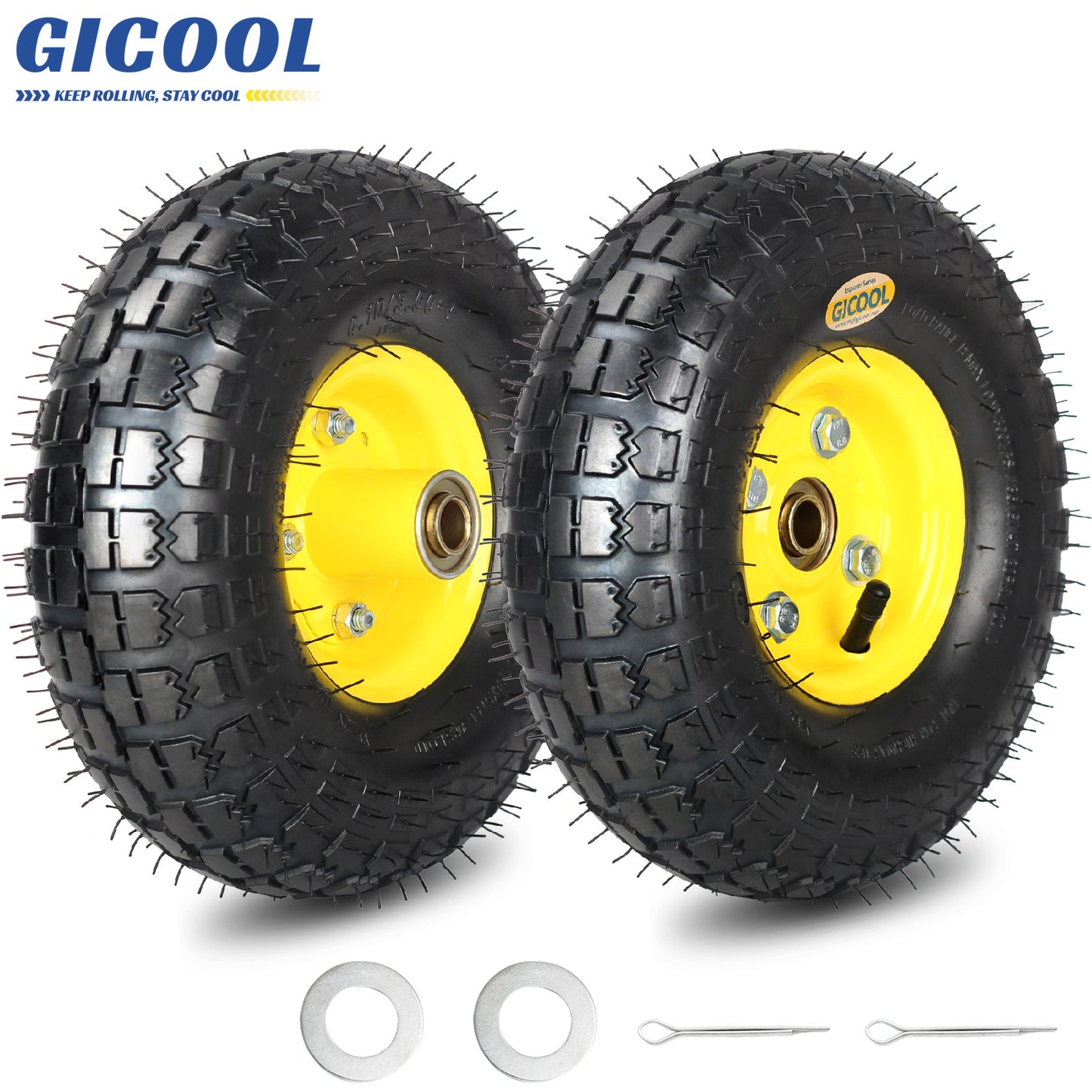 4.10/3.50-4 Rubber Pneumatic Tire and Wheel, with 2.25" Offset Hub, 5/8" Sealed Bearings, for Hand Truck Trolley Dolly Garden Wagon Wheel Replacement, 2 Pack (Explorer Series)