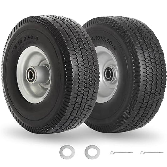 4.10/3.50-4" Flat Free Tire and Wheel, 10" Solid Tire with 5/8" Axle Bore Hole, 2.2" Offset Hub for Hand Truck Garden Wagon Cart Trolley Dolly Lawn Mover Replacement Tire (2 pack）