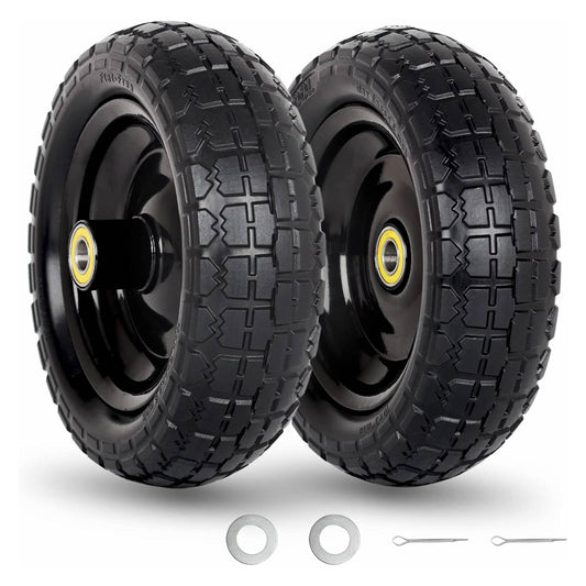 4.10/3.50-4 Flat-free Solid Tire and Wheel, 10" Flat-free Solid Tire with 5/8" Axle Bore Hole, 2.2" Offset Hub, Compatible with Hand Truck Tire Garden Wagon Trolley Dolly (2 Pack)