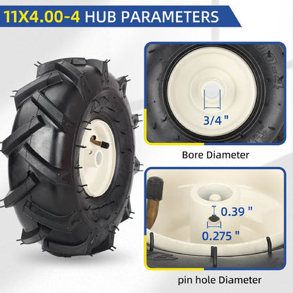 11x4.00-4" Tiller Tire and Wheel, 3/4" Axle Size, 3-1/8" Centered Hub, Compatible with Craftsman & Troy-Bilt Tiller Replacement (2 pack)