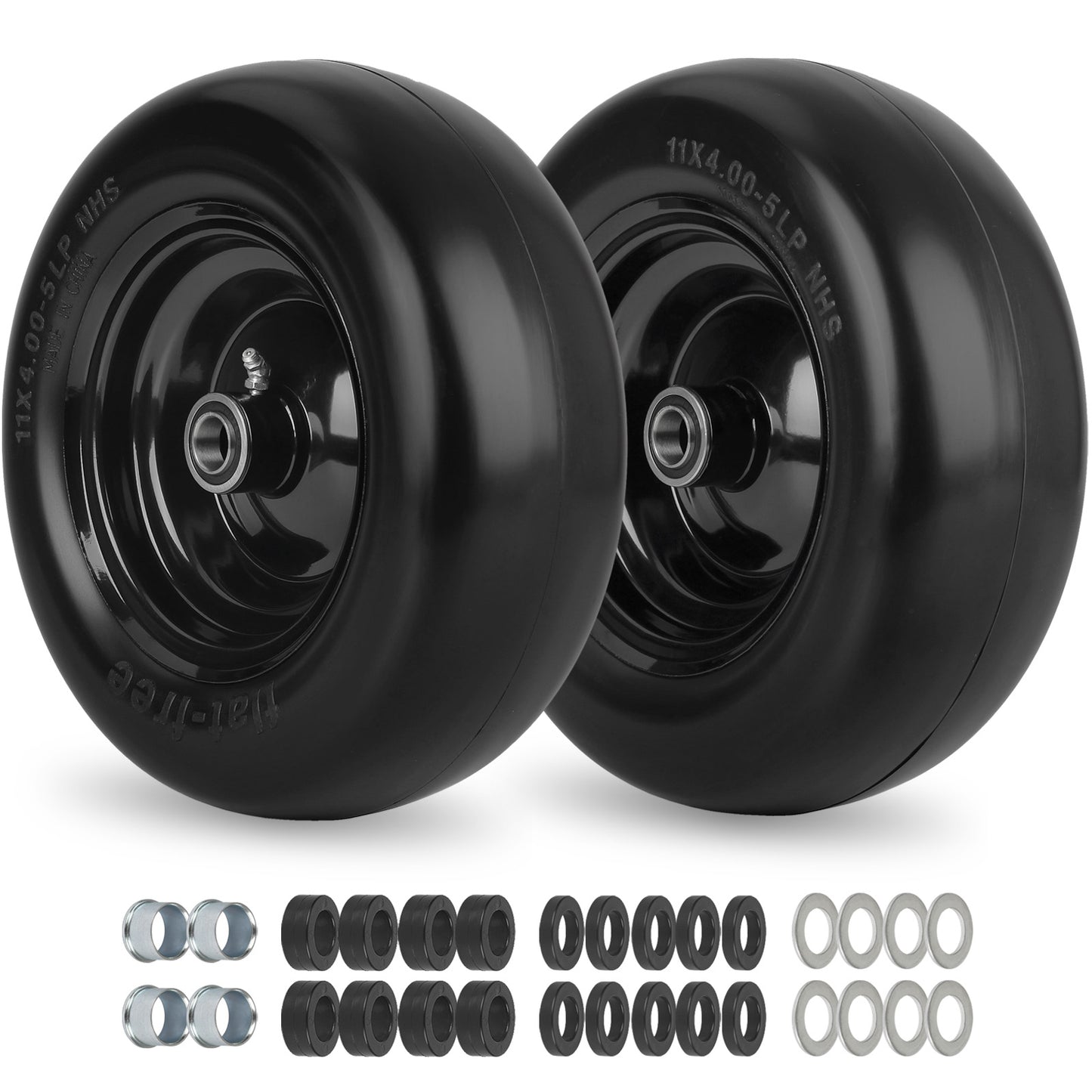 11x4.00-5” Flat Free Lawn Mower Tire and Wheel with 3/4" or 5/8" Bushings, 3.4"-4"-4.5"-5" Centered Hub, Smooth Tread Tire for Zero Turn Mowers, 2 Pack