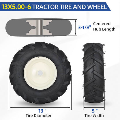 13x5.00-6" Tiller Tire and Wheel, 1" Axle Size, 3-1/8" Centered Hub, 13x5-6 Super Lug Tractor &amp; Trencher Tire Replacement (2 pack)