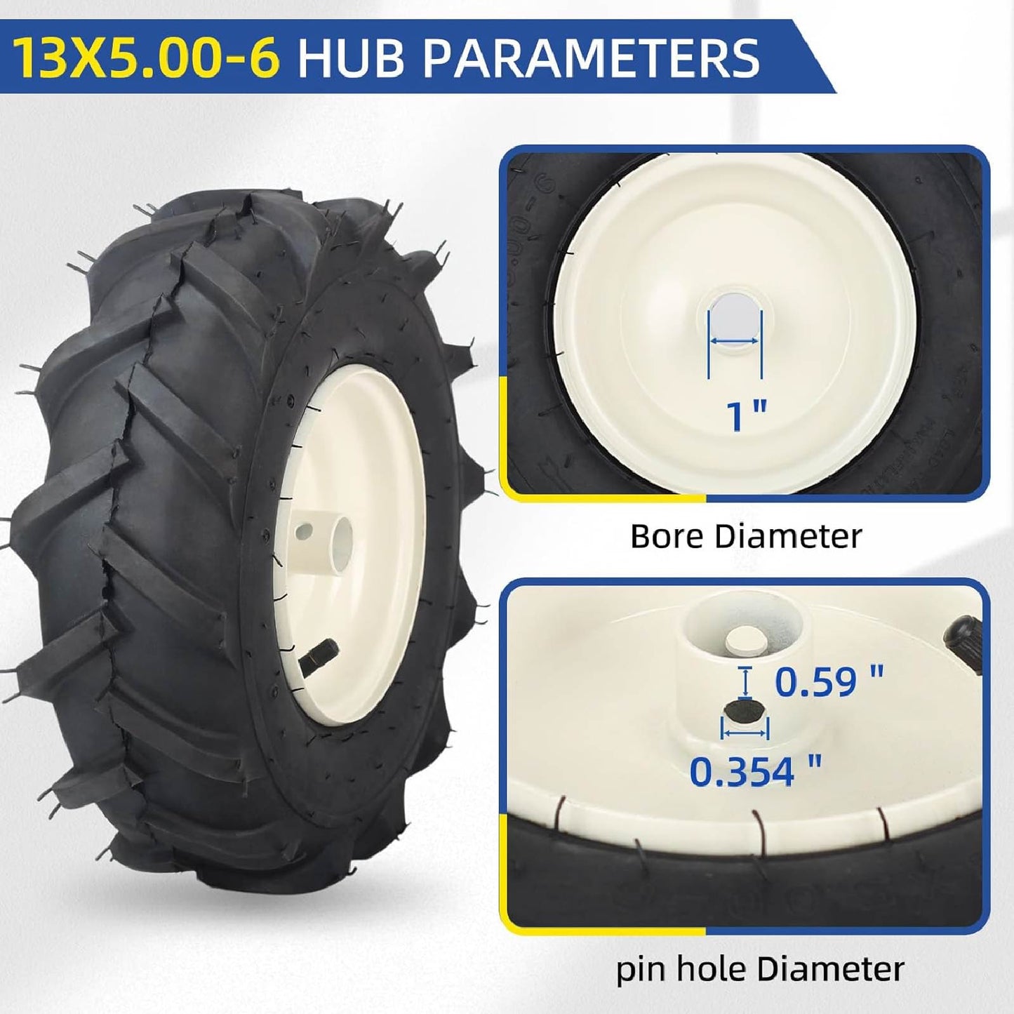 13x5.00-6" Tiller Tire and Wheel, 1" Axle Size, 3-1/8" Centered Hub, 13x5-6 Super Lug Tractor &amp; Trencher Tire Replacement (2 pack)