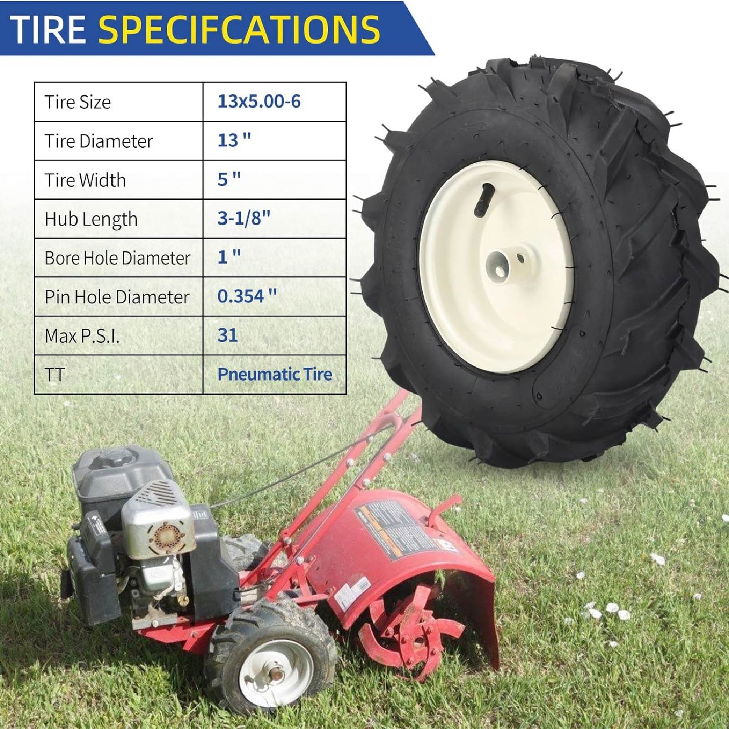 13x5.00-6" Tiller Tire and Wheel, 1" Axle Size, 3-1/8" Centered Hub, 13x5-6 Super Lug Tractor &amp; Trencher Tire Replacement (2 pack)