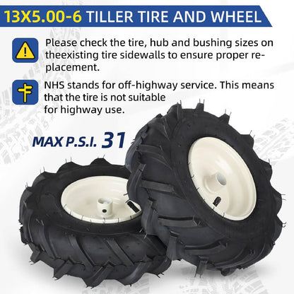 13x5.00-6" Tiller Tire and Wheel, 1" Axle Size, 3-1/8" Centered Hub, 13x5-6 Super Lug Tractor &amp; Trencher Tire Replacement (2 pack)